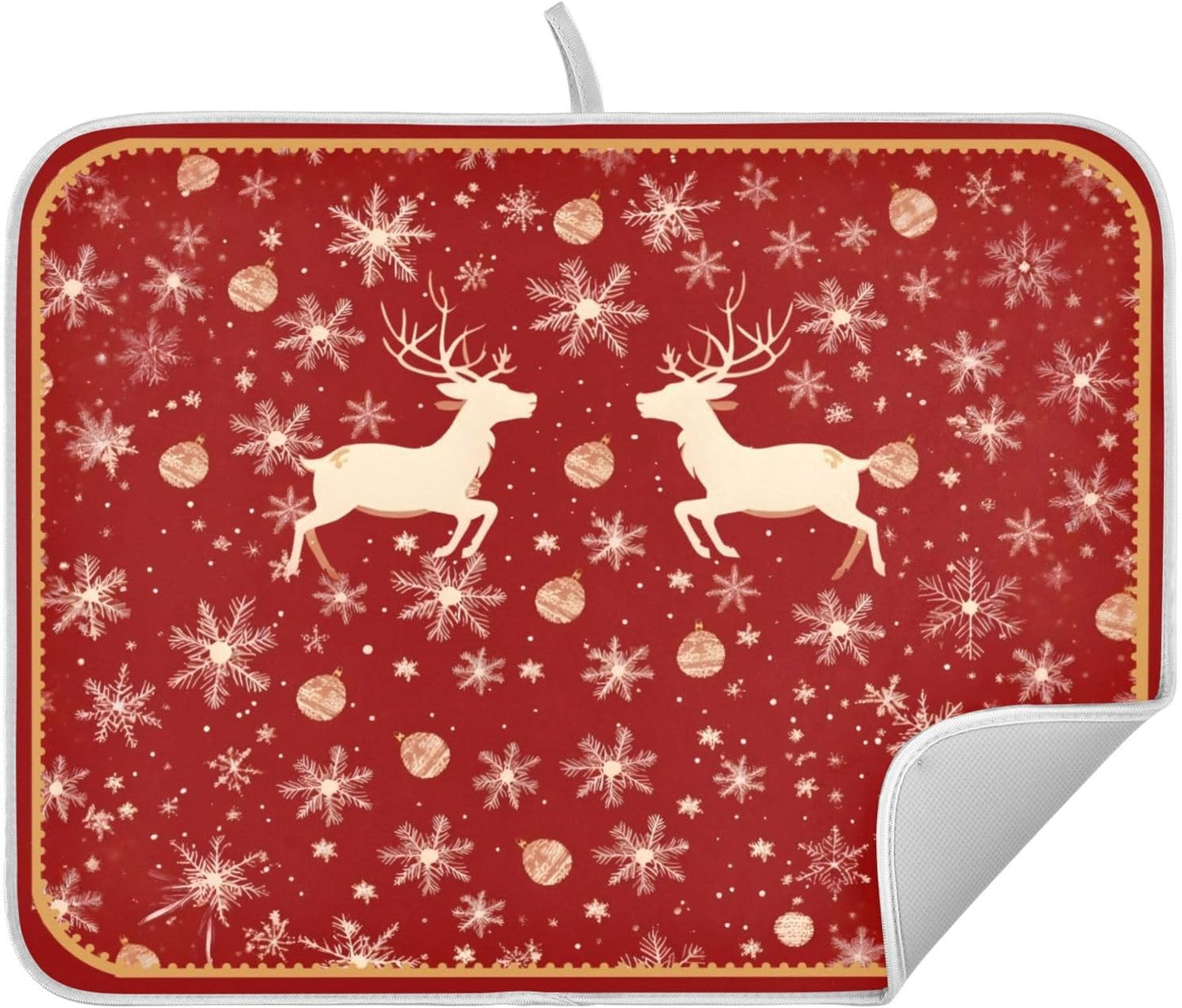 Golden Snowflake Elk Reindeer Red Dish Drying Mat Christmas Dish Drainer Mat for Kitchen Counter 18x24 inch Absorbent Microfiber Dishes Pad Xmas Winter Decoration