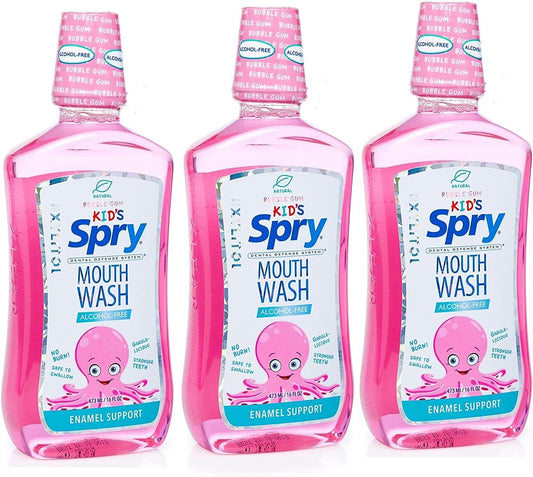 Spry Natural Xylitol Mouthwash Fluoride Free with Enamel Support, Alcohol-Free, Gentle, Non-GMO, Bubble Gum - 16 fl oz (Pack of 3)