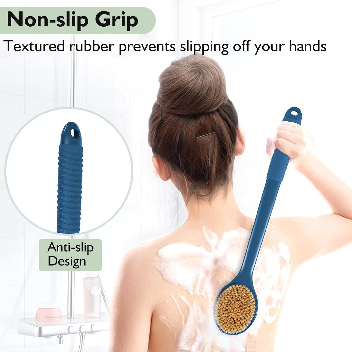 VANZAVANZU 17 Inch Anti-Slip Long Handle Back Scrubber for Shower – Dual-Sided Shower Brush and Shower Back Scrubber with Soft and Stiff Bristles for Wet or Dry Brushing (Navy Blue)