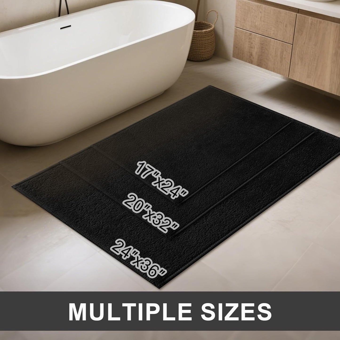 Bath Mat-Non-Slip Bathroom Floor Mats-Absorbent Quick Dry Low Pile Bathroom Rugs Fit Under Door-Bath Rug for Sink,Bathtub,Shower Room,17"×24",Black