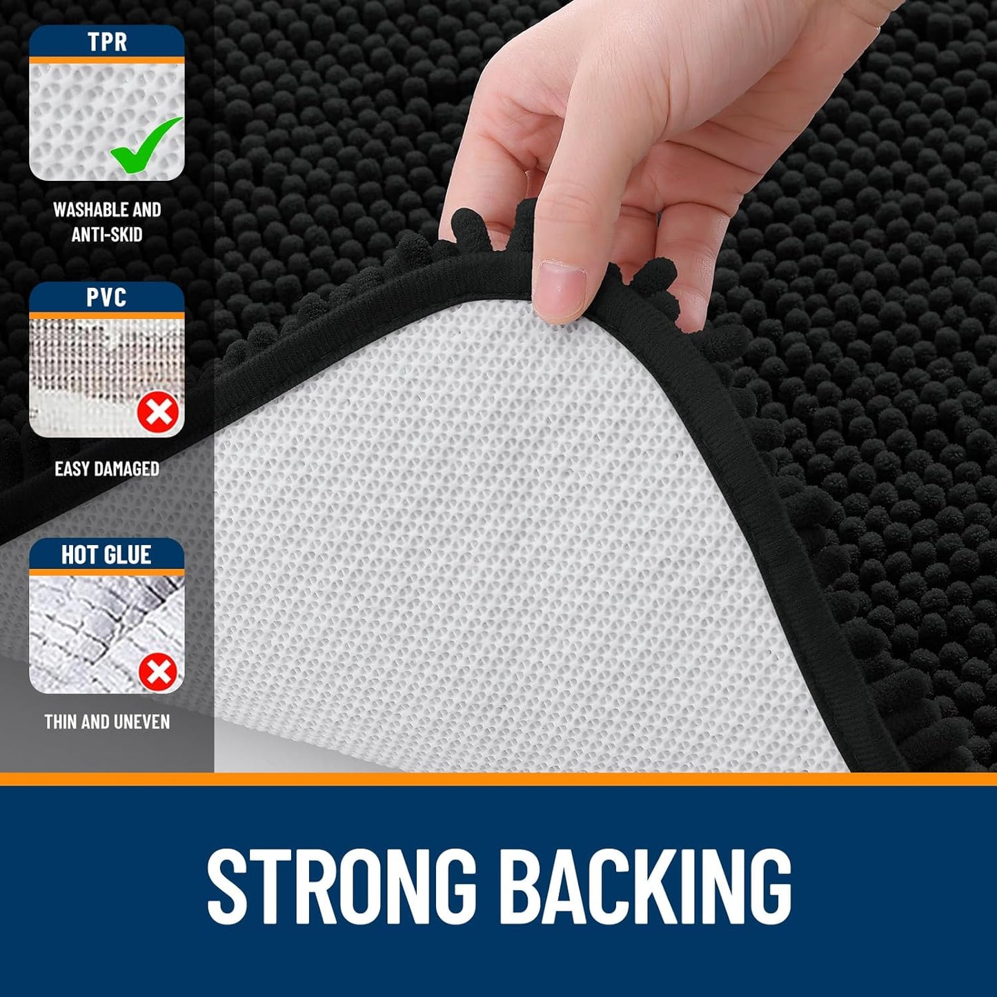 OLANLY Bathroom Rugs 47x32, Extra Soft Absorbent Chenille Bath Rugs, Rubber Backing Quick Dry, Machine Washable Bath Mats for Bathroom Floor, Tub and Shower, Home Decor Accessories, Black