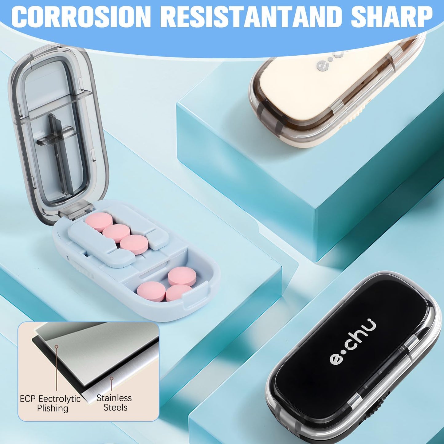 Pill Cutter Splitter for Small and Tiny Pills, Larger Pills, Echu Pill Cutter, Adjustable 1/2 1/4 Splitter with Improved Sharp Blade, Accurate Centering Alignment Device (Blue)