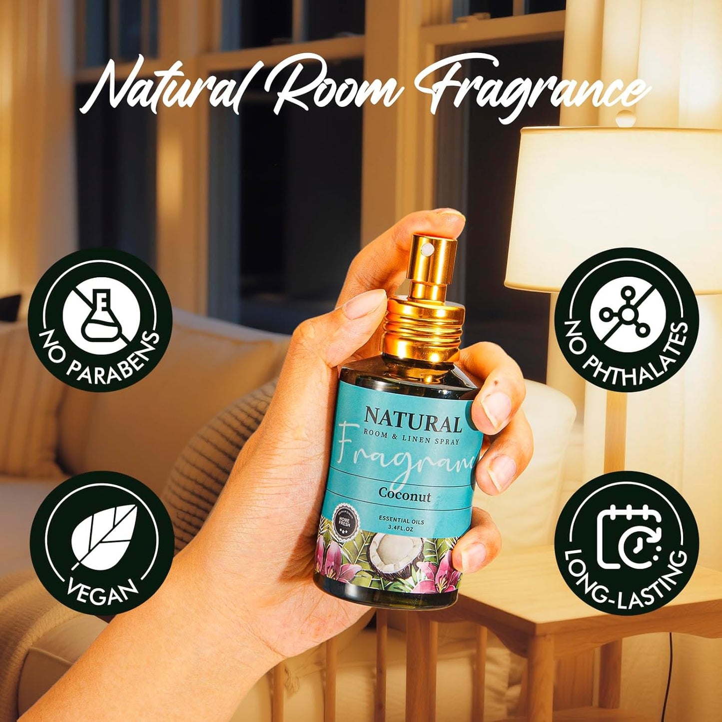 Fragrant Room Spray 3 Pack, Natural Essential Oil Air Freshener Spray for Home Bathroom and Kitchen, Eucalyptus, Ocean, Coconut Concentrated Room Spray