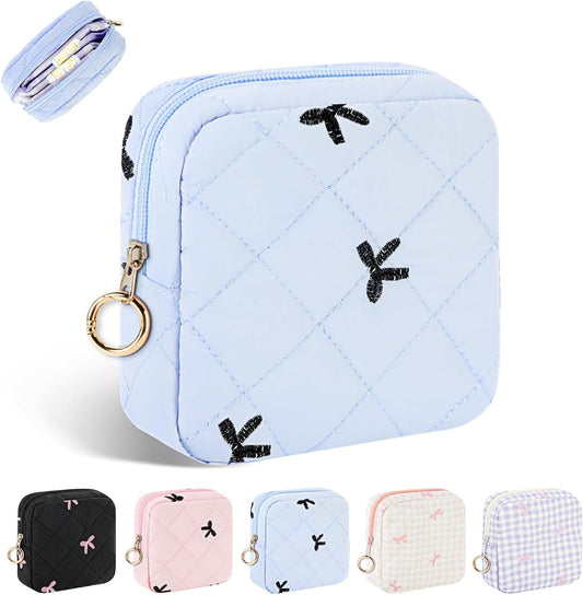 Period Bag for Teen Girls, Quilted Sanitary Napkin Storage Bag, Cute Bow Tie Menstrual Pad Pouch Tampon Holder (Blue)