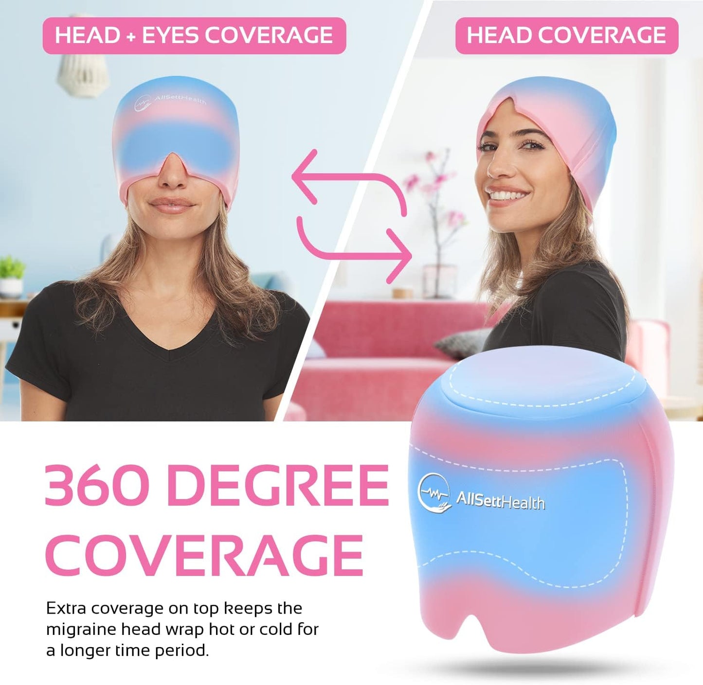 Migraine Relief Cap Ice Head Wrap Headache and Migraine Hat | Headache Relief with Hot/Cold Gel Head Ice Pack with Face and Eye Headache Mask Compress, Pink
