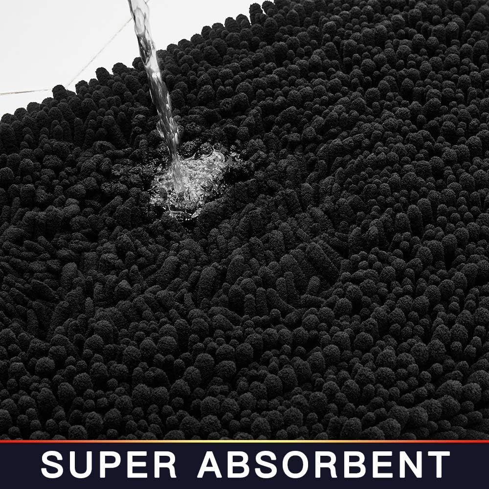 Walensee Large Bathroom Rug Non Slip Bath Mat (24x60 Inch Black) Water Absorbent Super Soft Shaggy Chenille Machine Washable Dry Extra Thick Perfect Absorbant Best Plush Carpet for Shower Floor