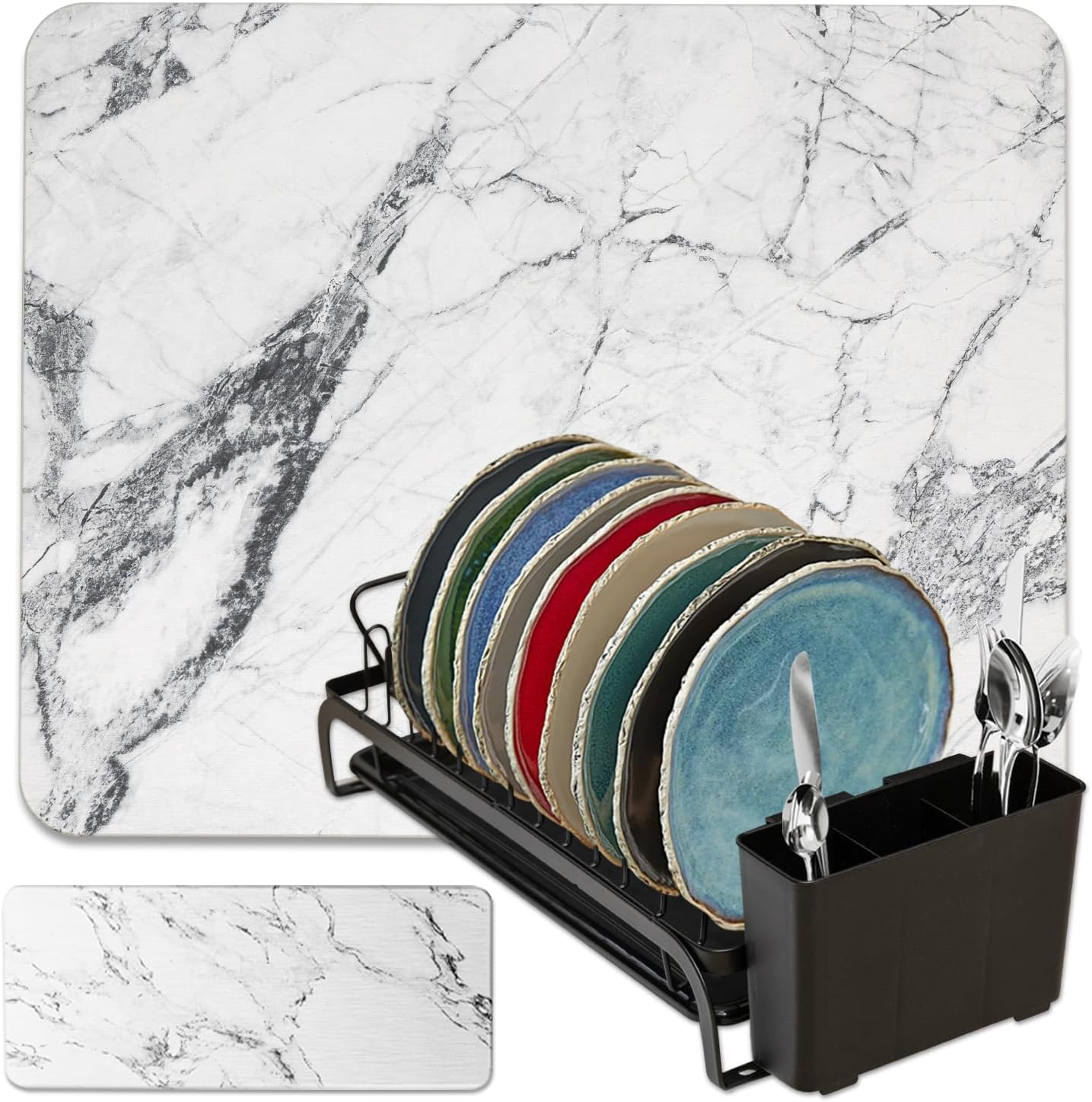 AquaTerra Diatomaceous Earth Drying Mat with Matching Sponge Caddy & Dish Rack | 3-Piece Set (White Marble, Large) | Heat-Resistant & Multi-Purpose for Drying and Kitchen Organization
