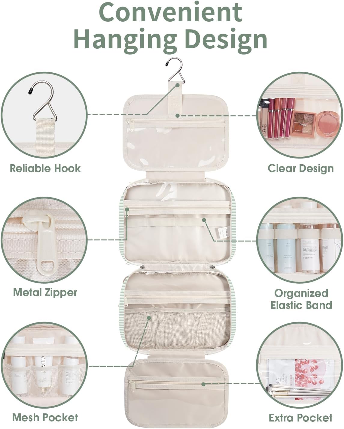 Narwey Striped Hanging Toiletry Bag for Women Travel Makeup Bag Organizer Toiletries Bag for Travel Size Essentials Accessories Cosmetics (Mint Green Stripe (Medium))