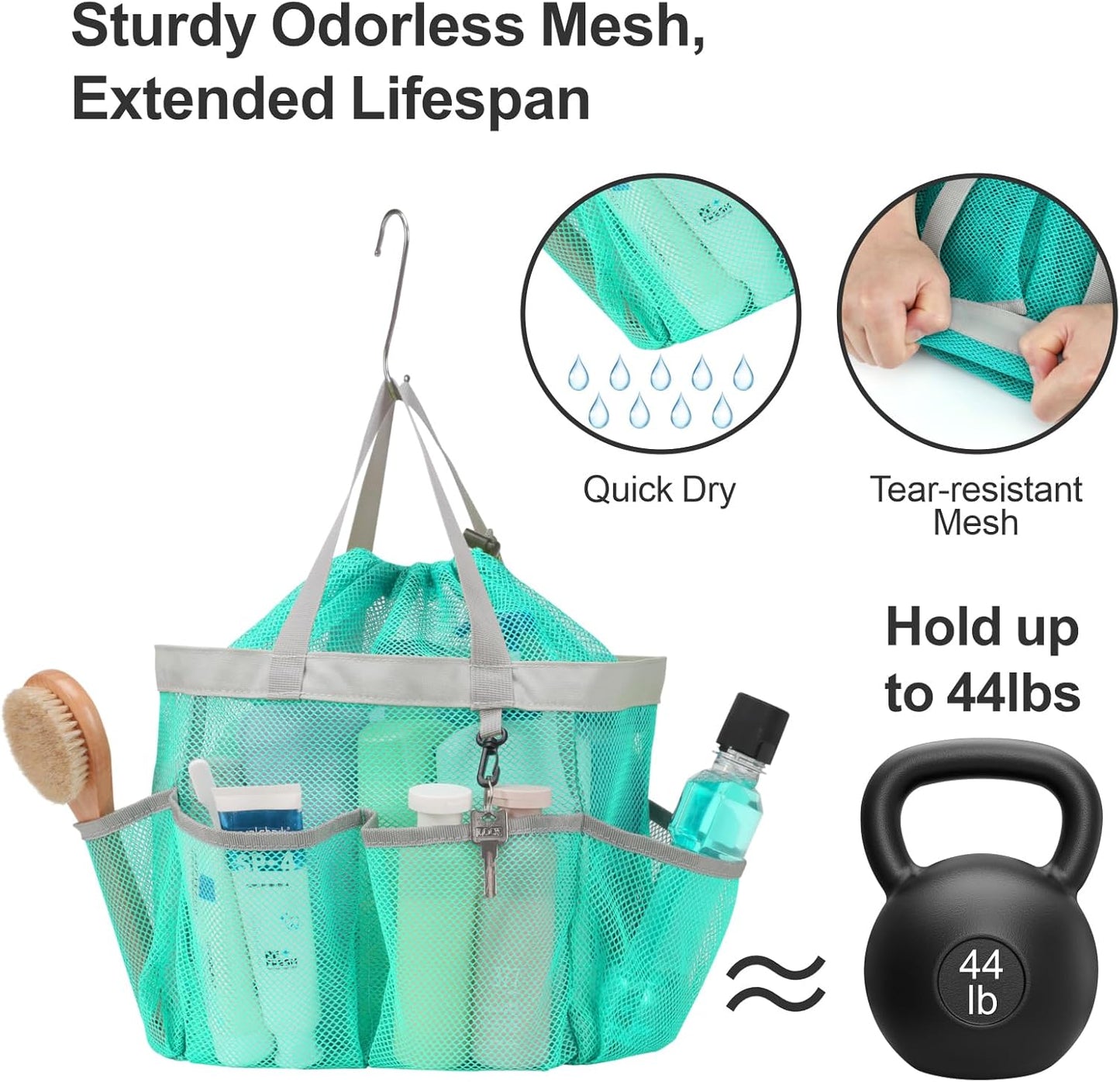 F-color Mesh Shower Caddy Portable with Drawstring - Upgrade Deeper 7 Pockets Dorm Room Essentials for Guys Girls with S Hook, Shower Bag Basket Tote for College Camping Bathroom, 2 Pack Mint Green