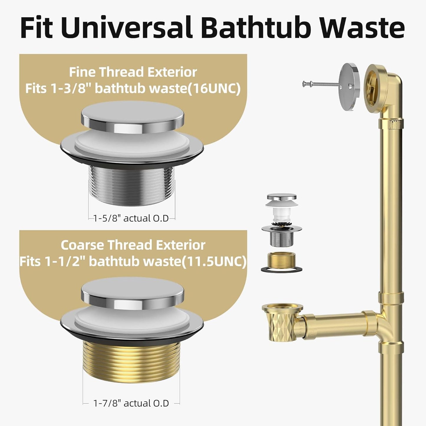 Chrome Plated Tub Drain Kit with Hair Catcher, Premium Brass Tip-Toe Bathroom Tub Drain Replacement and 2-Hole Overflow Faceplate, 11.5/16 UNC Bathtub Drain Stopper Assembly