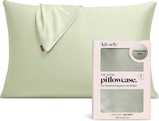Kitsch Satin Pillowcase with Zipper for Hair & Skin, Softer Than Silk Pillow Cases Queen, Wrinkle-Free, Smooth and Cooling Satin Pillow Covers, Standard Size 19"x26" - Sage