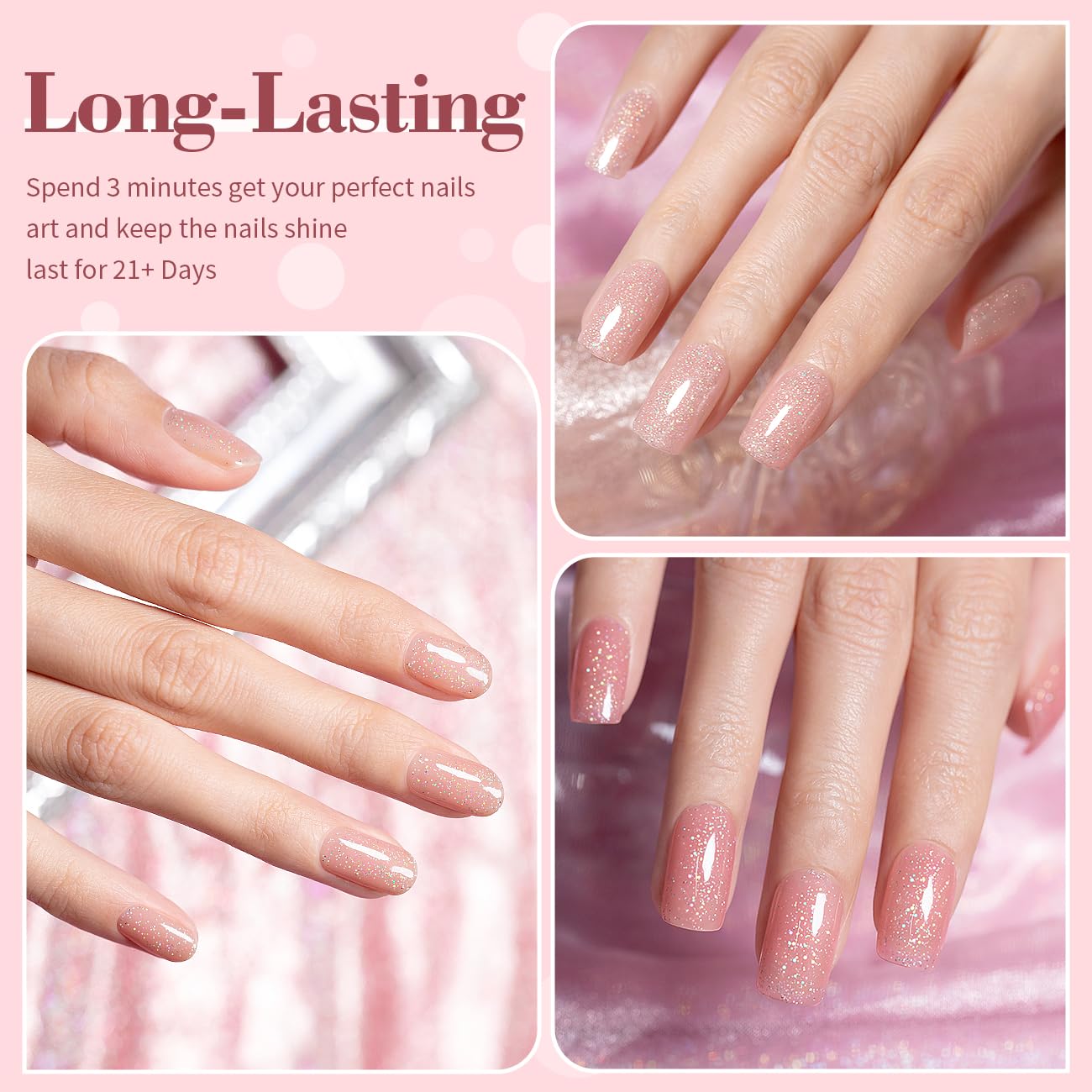 RARJSM Glitter Nude Gel Nail Polish 6pcs Set Shimmery Nail Gel Polish Iridescent Sparkly Gold Rainbow Pigment Jelly Sheer Pink Milky Silver White Translucent Natural Skin Tone Color 7.5ml Soak off