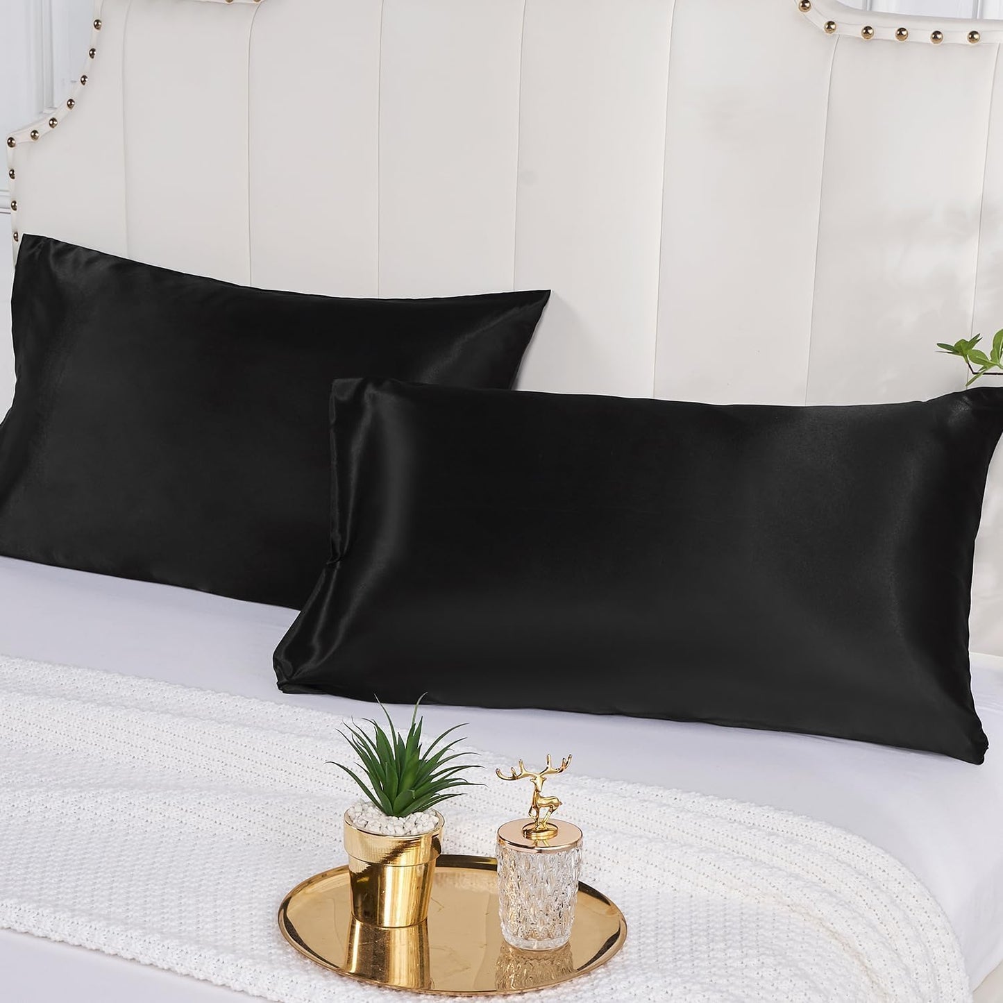 Satin Silk Pillowcase for Hair and Skin, Black Pillow Cases Standard Size Set of 4 Pack Super Soft Pillow Case with Zipper Closure (Black, King (4 Pack))