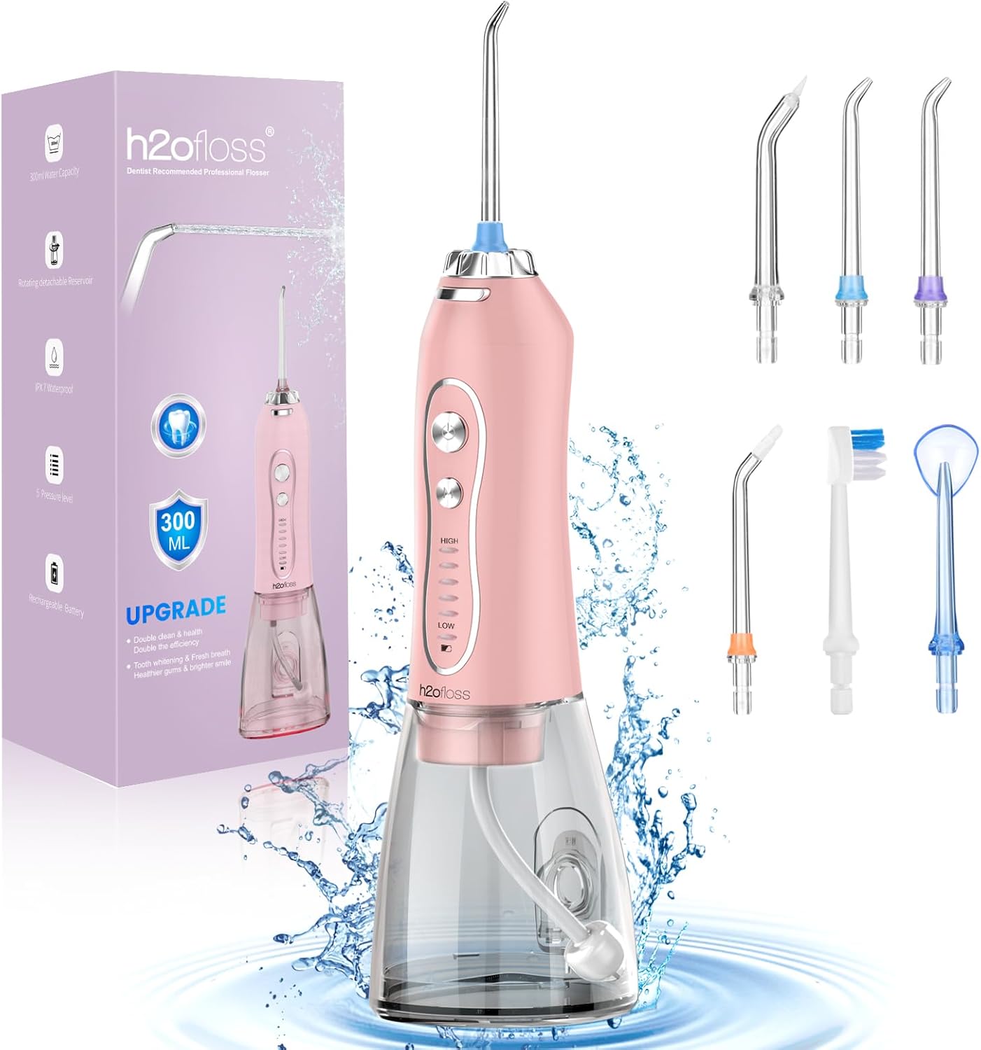 Water Dental Flosser Teeth Cleaner Pick, H2ofloss Cordless Portable Oral Irrigator,5 Mode IPX7 Waterproof Teeth Picks 300ML Rechargeable WaterFlosser for Home Travel (Pink)