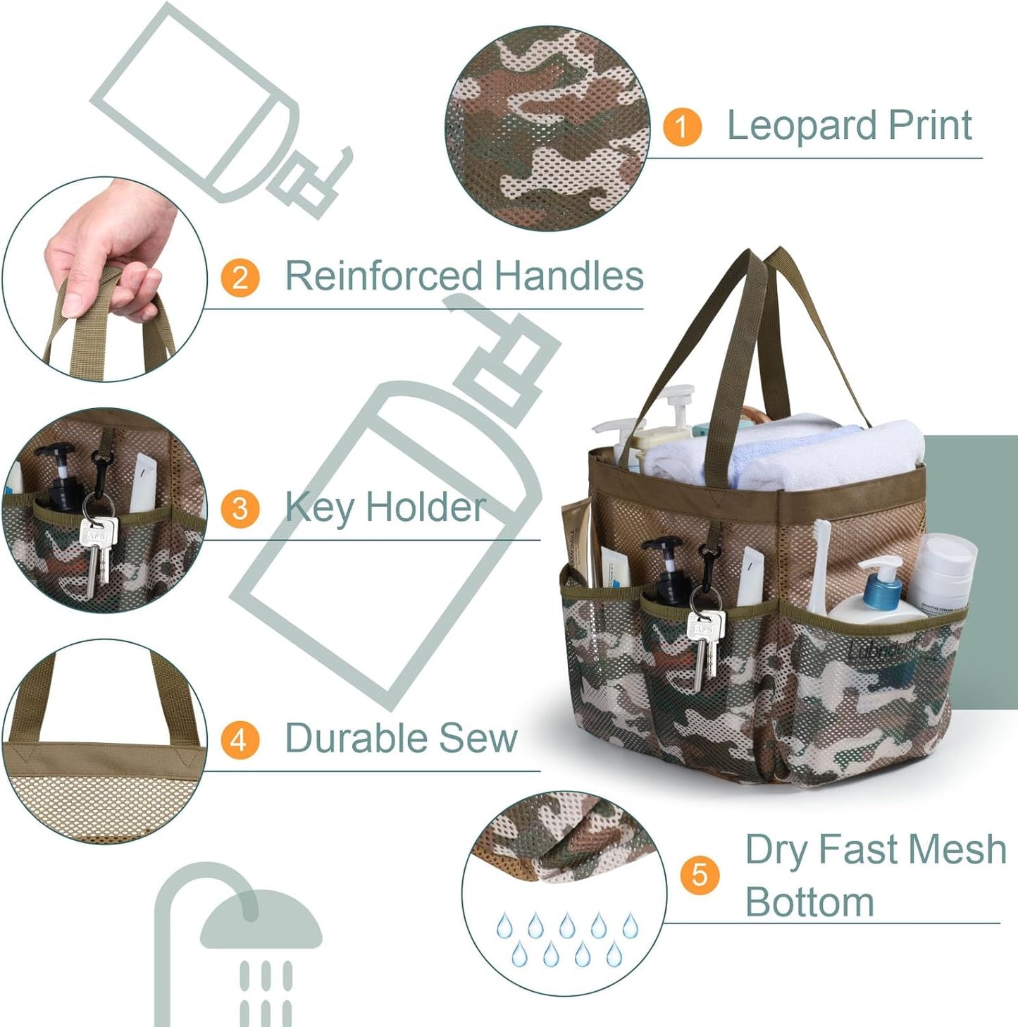 F-color Shower Caddy Portable - Mesh Shower Bag Basket Tote for College Dorm Room Essentials Bathroom Gym Camp Quick Dry for Women Men with S Hook, Brown Camouflage