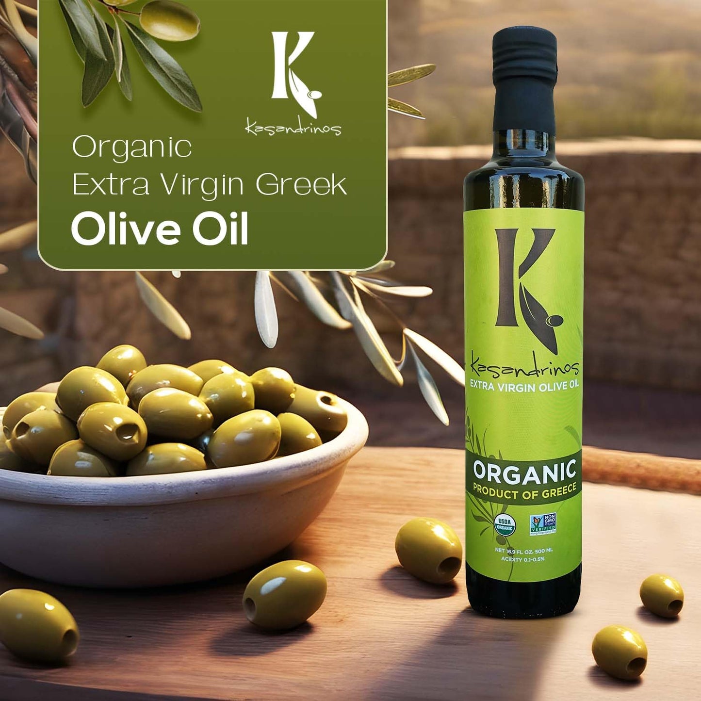 Kasandrinos Organic Olive Oil Extra Virgin, Polyphenol Rich Greek Olive Oil, 100% Organic First Cold Pressed, Mild + Delicate Flavor, Verified by Non GMO, 500 ml / 16.9 oz