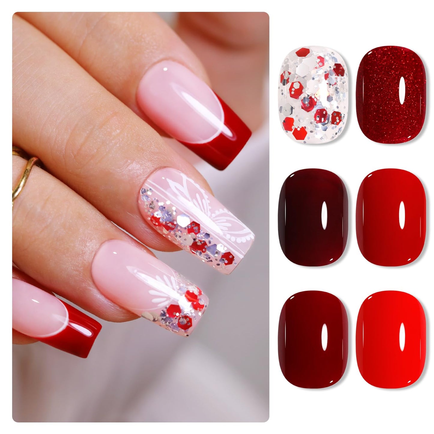 Double Rhythm Gel Nail Polish Set of 6 Colors Baby Light Pastel Milky Nail Polish Starter Kit Art DIY Salon Home (Red Glitter Dark Neon Red Maroon Burgundy,Kit 15)