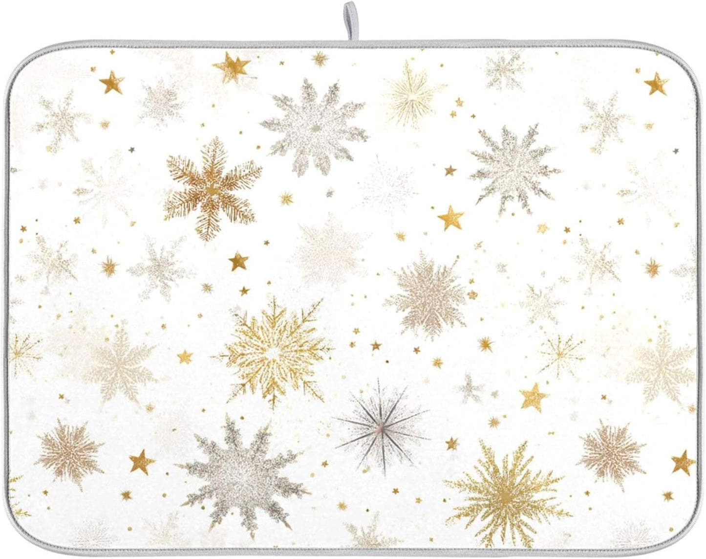 Winter Snowflake White Dish Drying Mat for Kitchen Countertop 18x24 Christmas Snow Golden Xmas Large Drying Mat Reusable Quick Dry Dish Sink Mats Easy Clean Decorative Essentials