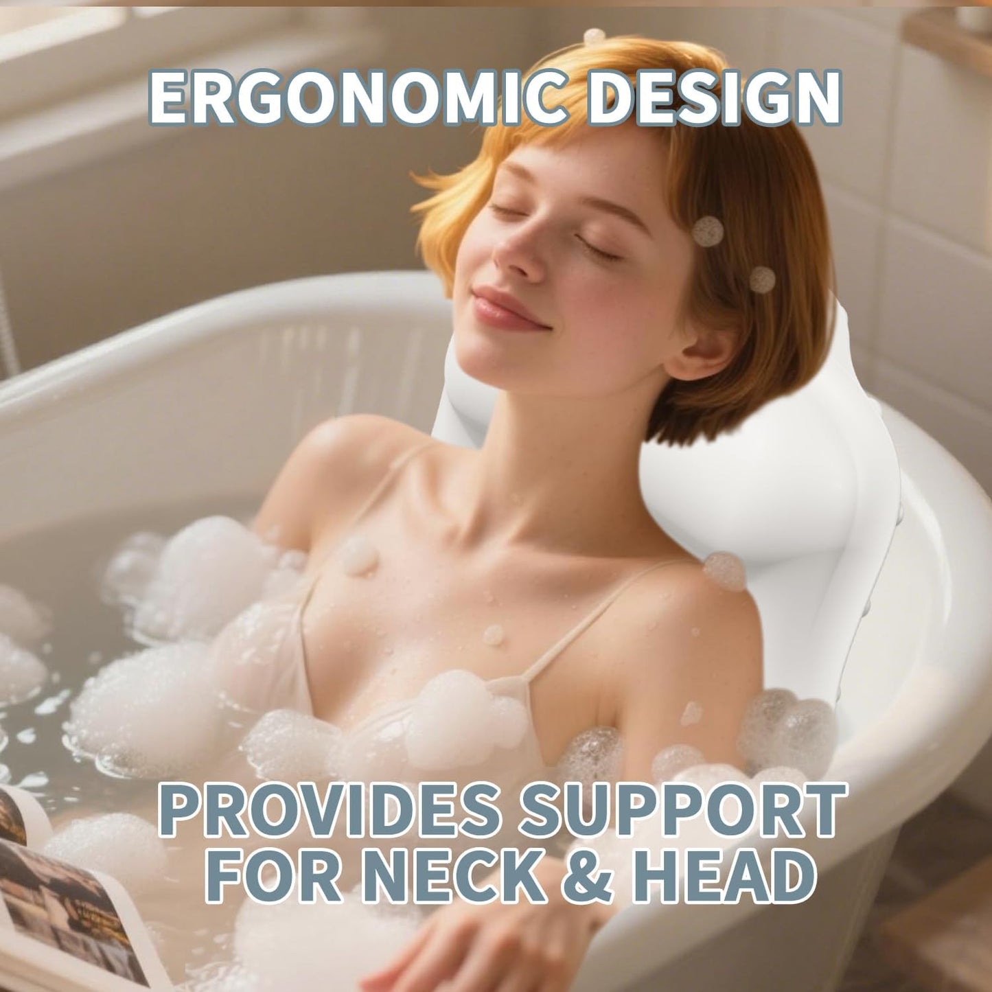 Silicone Bath Pillow for Tub – Ergonomic Bathtub Headrest with Inflatable Air Cushion, Non-Slip Suction Cups & Neck/Back Support – Comfortable Spa Bath Accessory for Relaxation (Cream White)