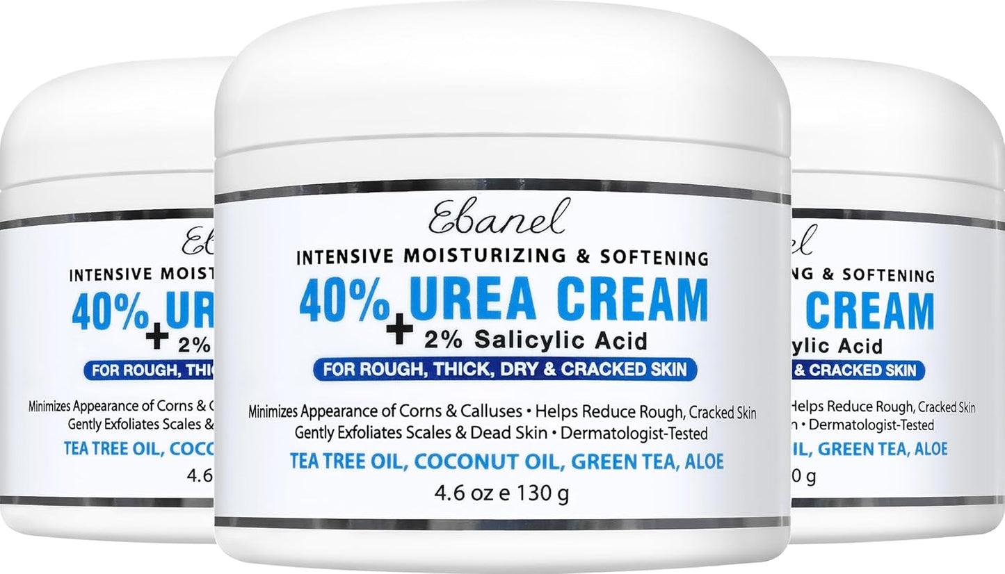 Ebanel Urea Cream 40% plus Salicylic Acid 2%, Foot Cream for Dry Cracked Heels Feet Knees Elbows Hands, Foot Dead Skin Cuticle Callus Remover Toenail Softener, Keratolytic Skin Barrier Repair, 3-Pack