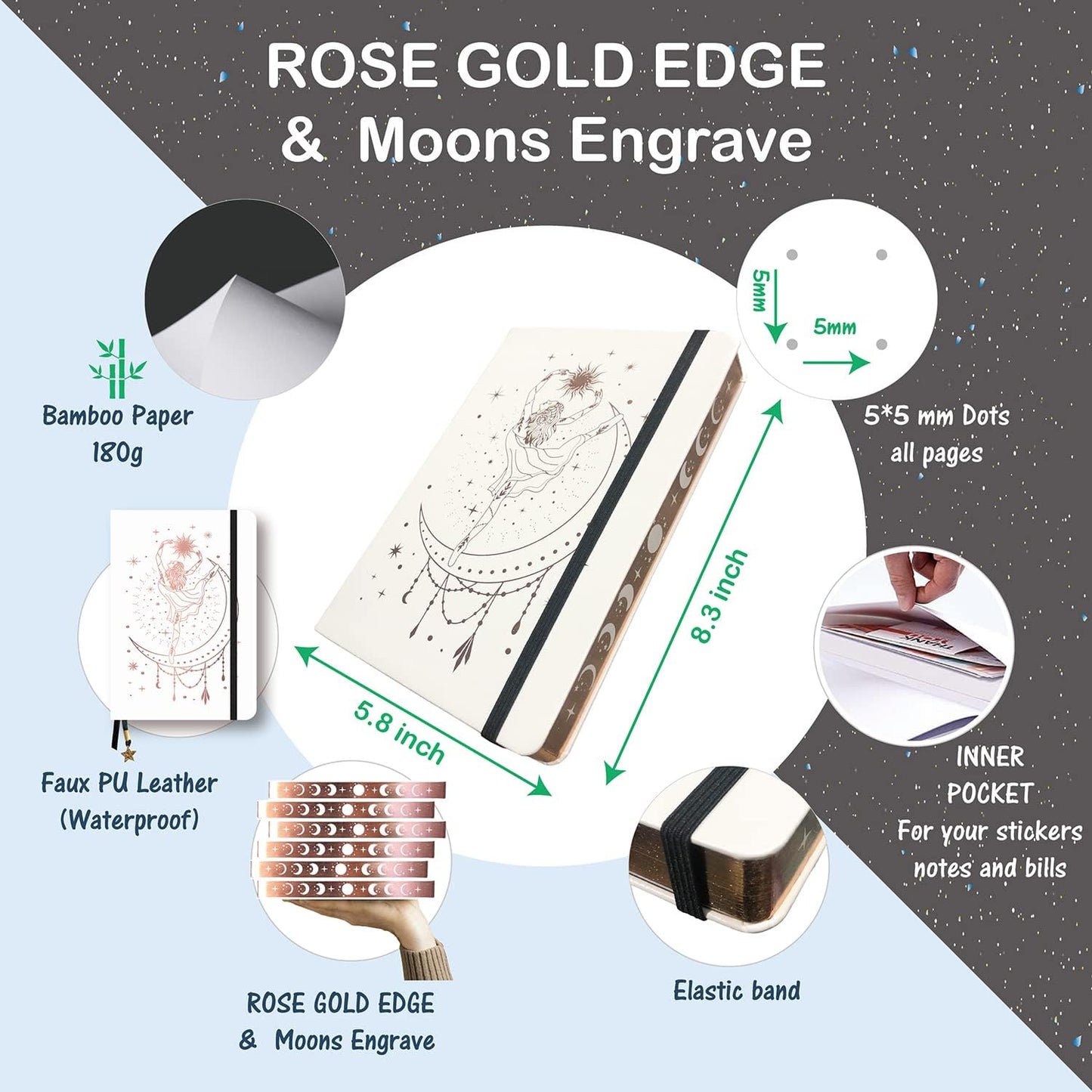 BUKE Medium A5 Hardcover Notebook Dotted Journal - 180Gsm Thick Bamboo Paper - 160 Dot Grid Pages 5x5 MM - White Color Faux PU Leather Cover - Rose Gold Edge And Moons (A5, White)