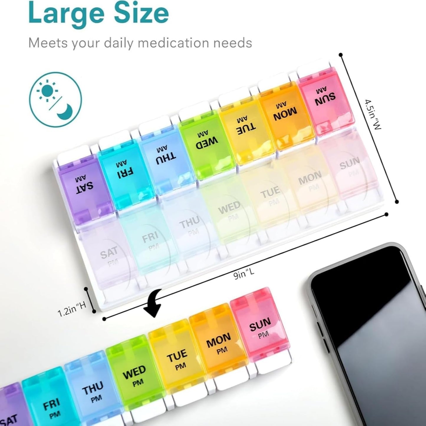 Sukuos AM PM Weekly Pill Organizer 2 Times A Day, Large Daily Pill Box Case 7 Day with Easy Push Button Design, Detachable Medicine Holder for Vitamin/Fish Oil/Supplements (Rainbow)