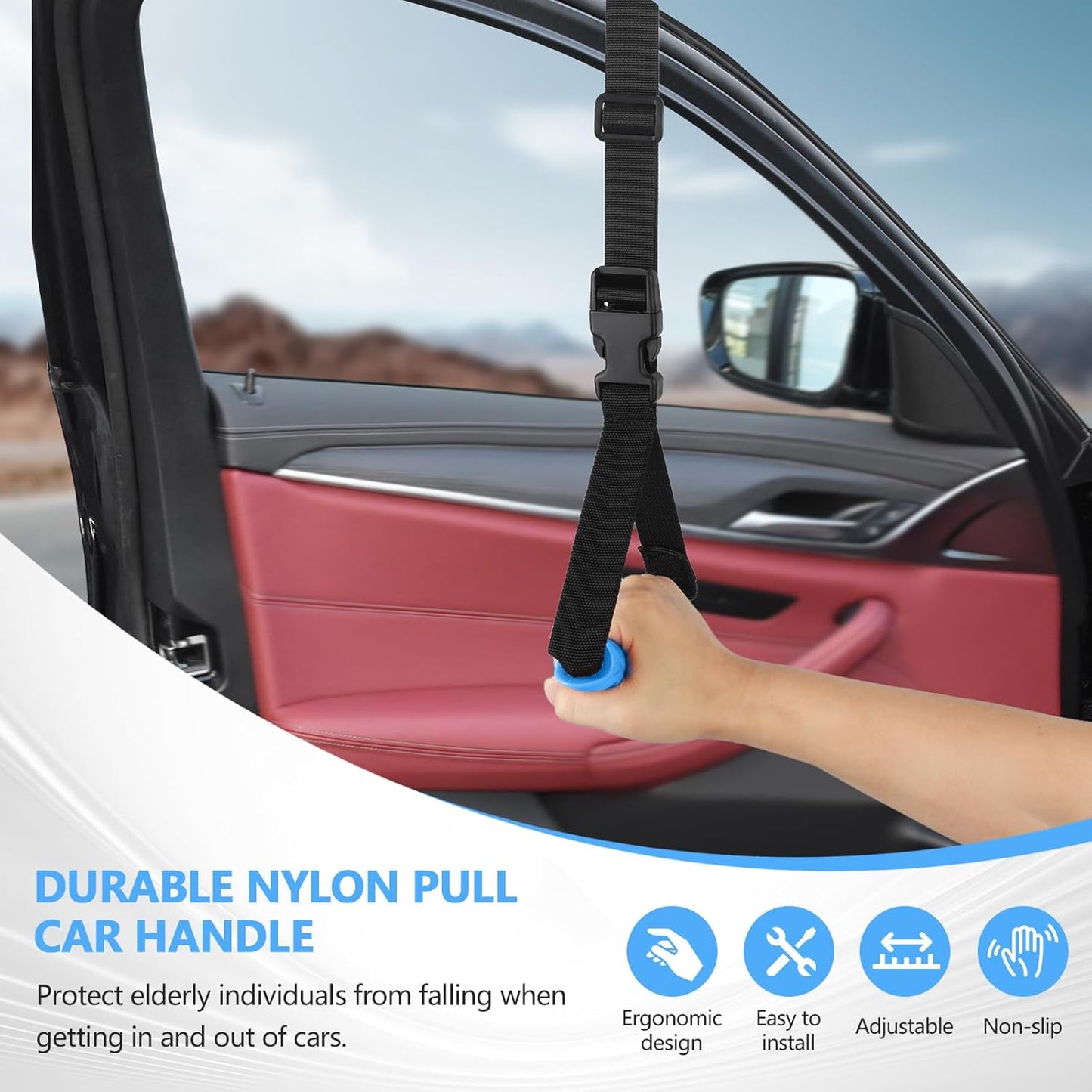 Car Door Handle for Elderly - 2025 New 4 in 1 Car Handle Assist, 2 Pack Auto Cane Portable Vehicle Support Handle Door Assist Bar, Max Load 500 Lbs, Anti-Slip Design (Blue-Car Handle +Strap)