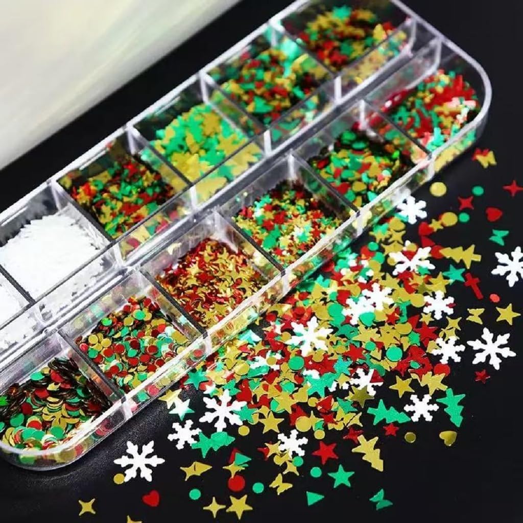 3 Boxes Christmas Nail Art Sequins 3D Holographic Snowflake Xmas Tree Star Nail Art Glitter Sequins Winter Nail Decoration Supplies for Women DIY Manicure (36 Grids)