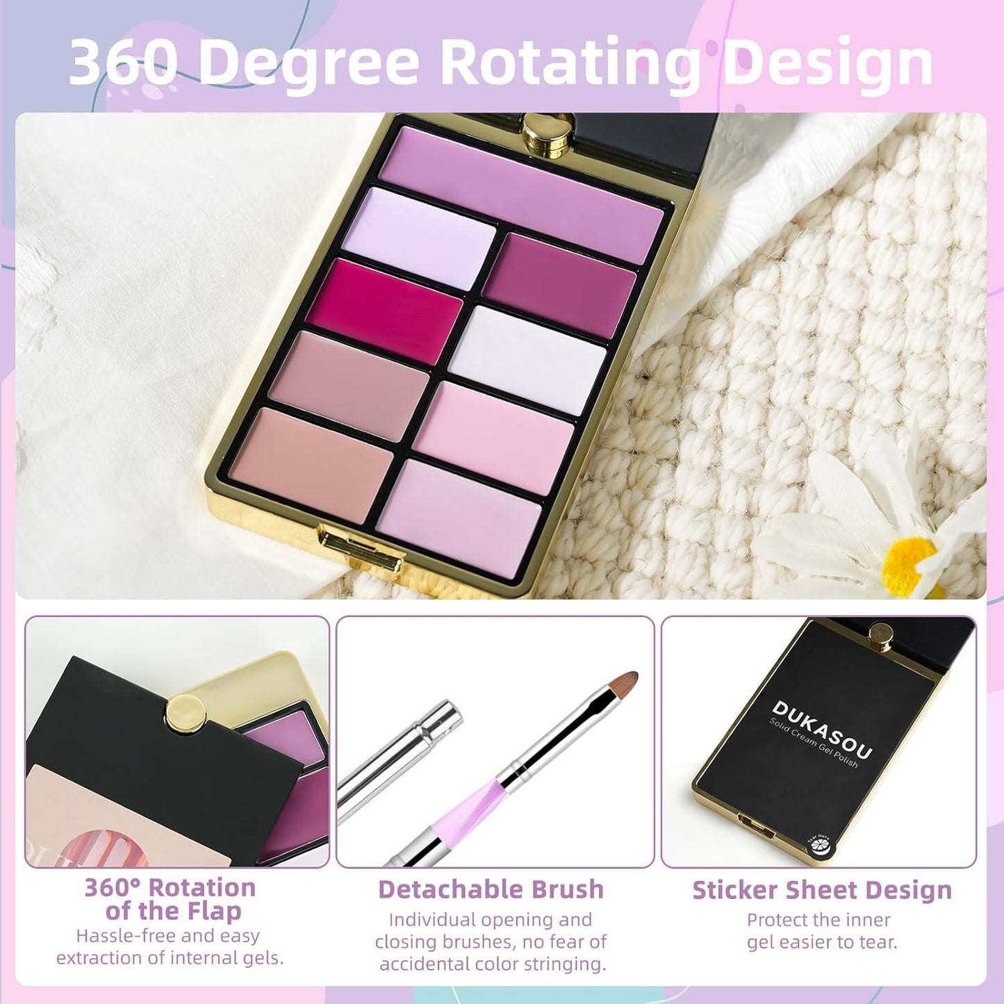 Solid Gel Nail Polish Set, 9 Colors Pink Purple Solid Cream Gel Polish Palette with Brush, Solid Ombre Nail Polish for Women DIY Manicure Art