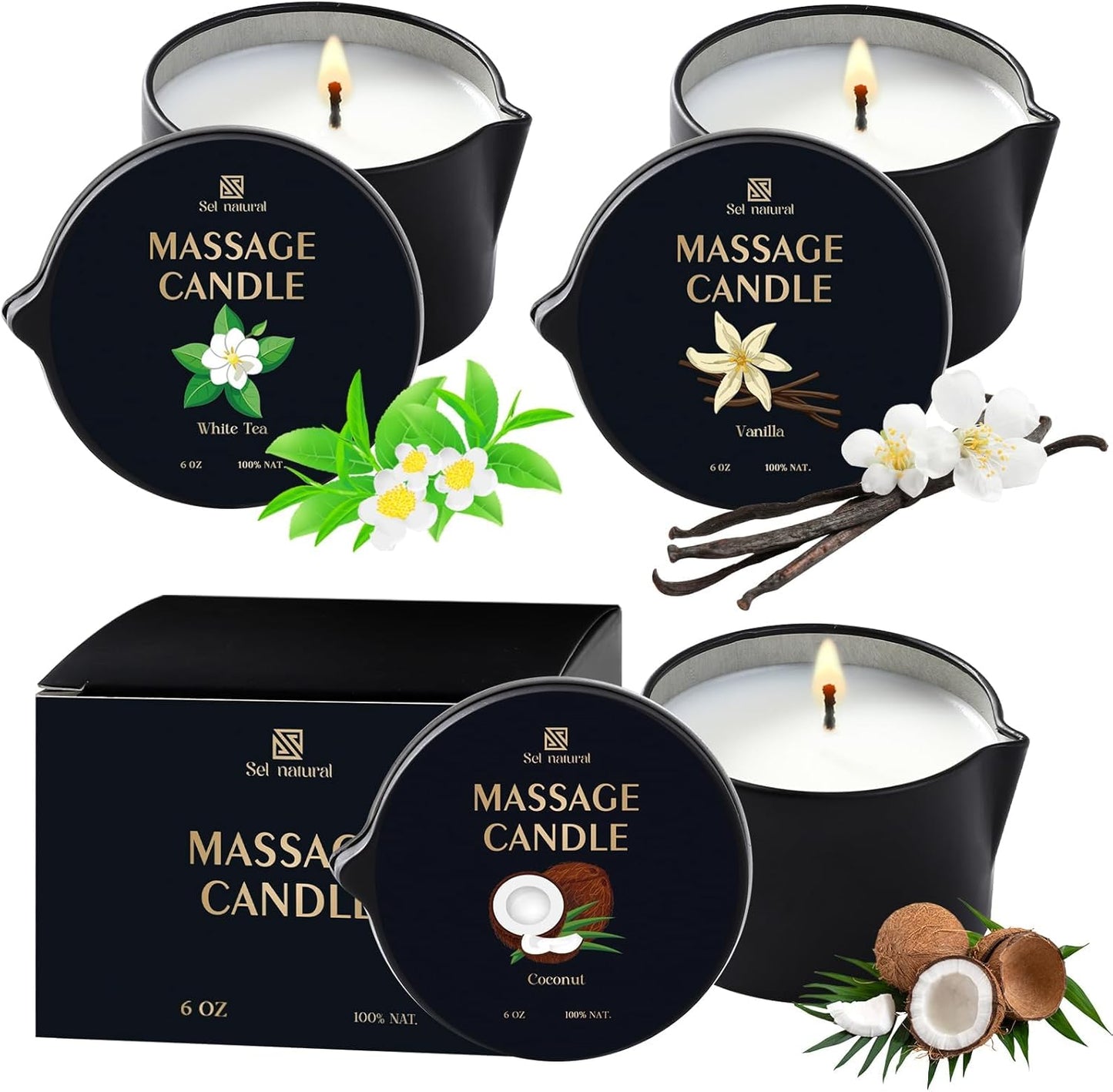 3 Pack Massage Oil Candles-18oz Low Temp Soy Candles 3 Scent Vanilla, White Tea, Coconut Body Oil Relaxing for Massage Therapy Spa Couples Gift
