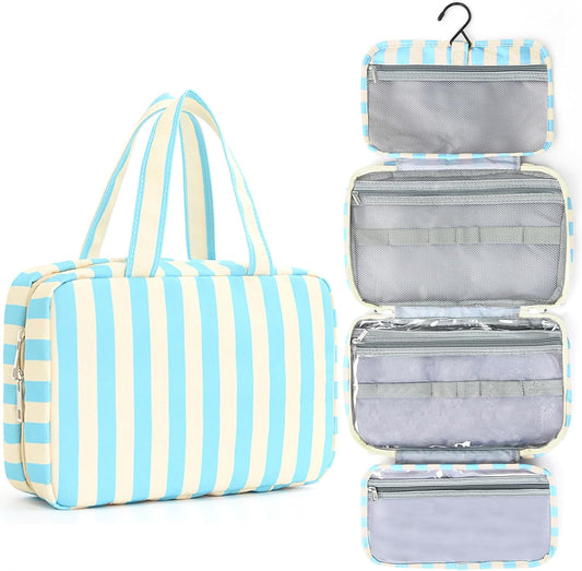 Toiletry Bag for Women Travel Water-resistant Cosmetic Bag Fashion Stripes Makeup Bag with Hanging Hook Preppy for Store Toiletries Cosmetic Accessories Large Capacity Blue