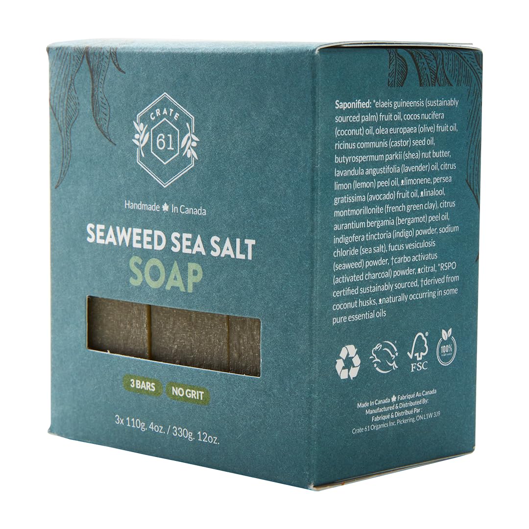 Crate 61 Organics, Handmade in Canada, Plant Based Cold Process Natural Bar Soap For Face & Body, With Premium Essential Oils, For Men And Women 3 Pack (Seaweed and Sea Salt)