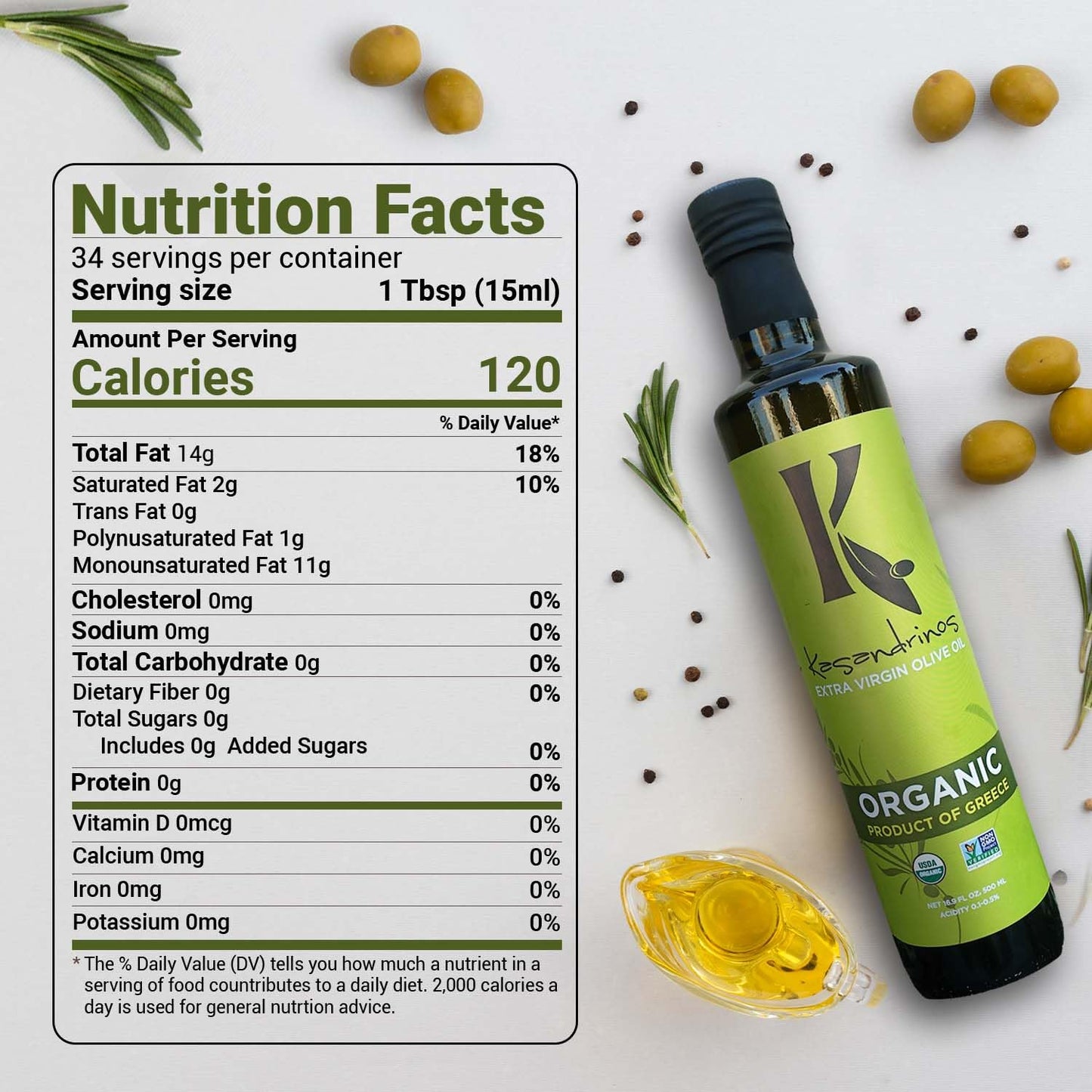 Kasandrinos Organic Olive Oil Extra Virgin, Polyphenol Rich Greek Olive Oil, 100% Organic First Cold Pressed, Mild + Delicate Flavor, Verified by Non GMO, 500 ml / 16.9 oz