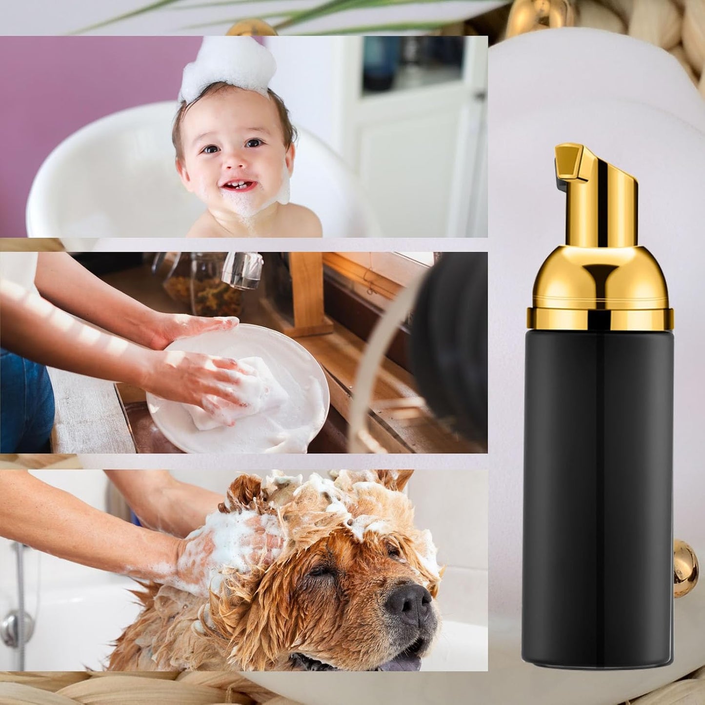 KOIBITO 2 Oz Black Foam Soap Bottle with Gold Pump Empty Travel Foaming Dispenser for Hand Soap,Lash Shampoo,Body Wash(12 PCS, Black Cap)