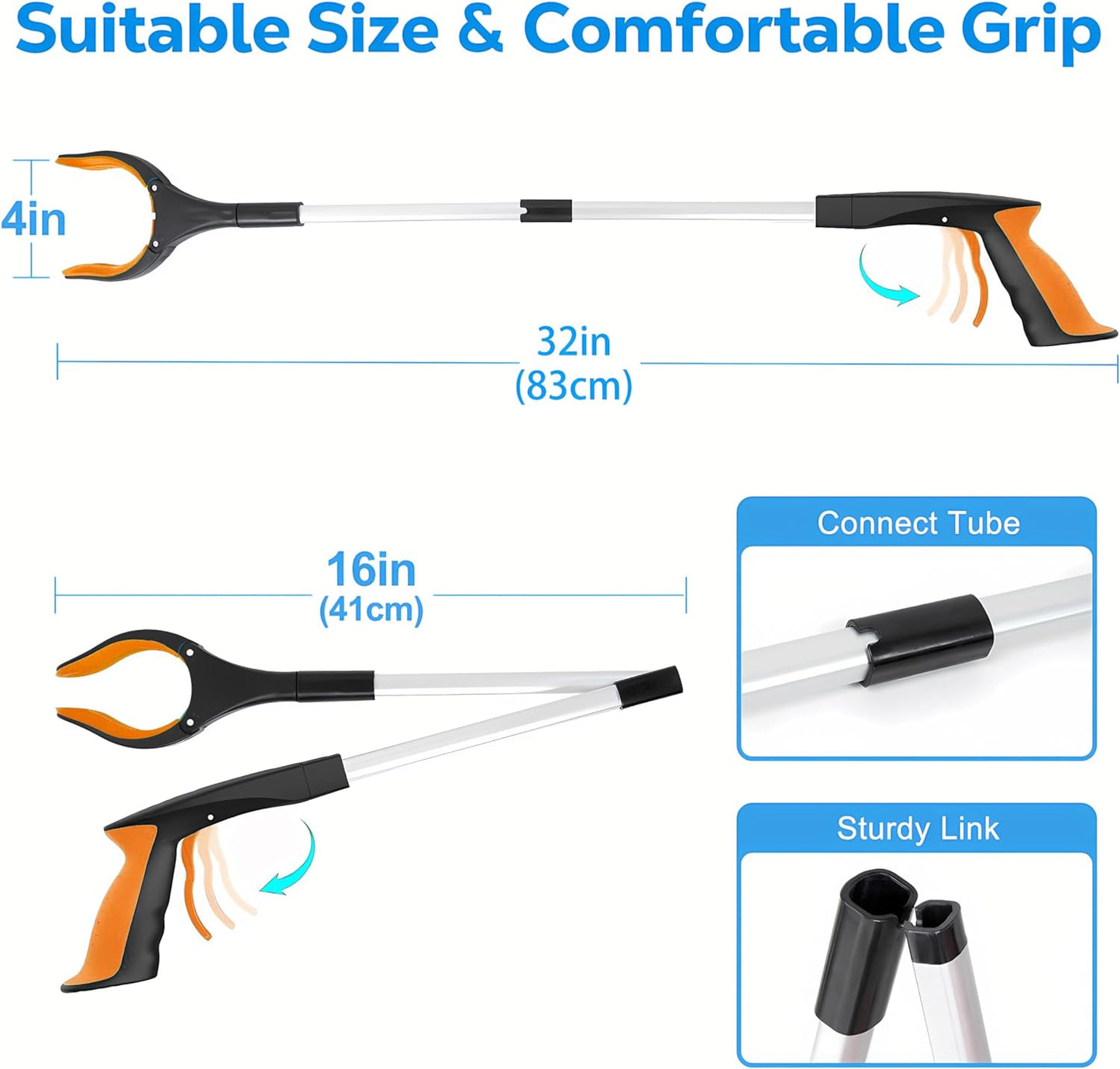 Grabber Reacher Tool - 32” Extra Long Foldable Gripper and Reaching Tool - Heavy Duty Pick Up Stick Grabbers for Seniors, Trash, Surgery Recovery Must Haves Gifts (Orange*2pc)
