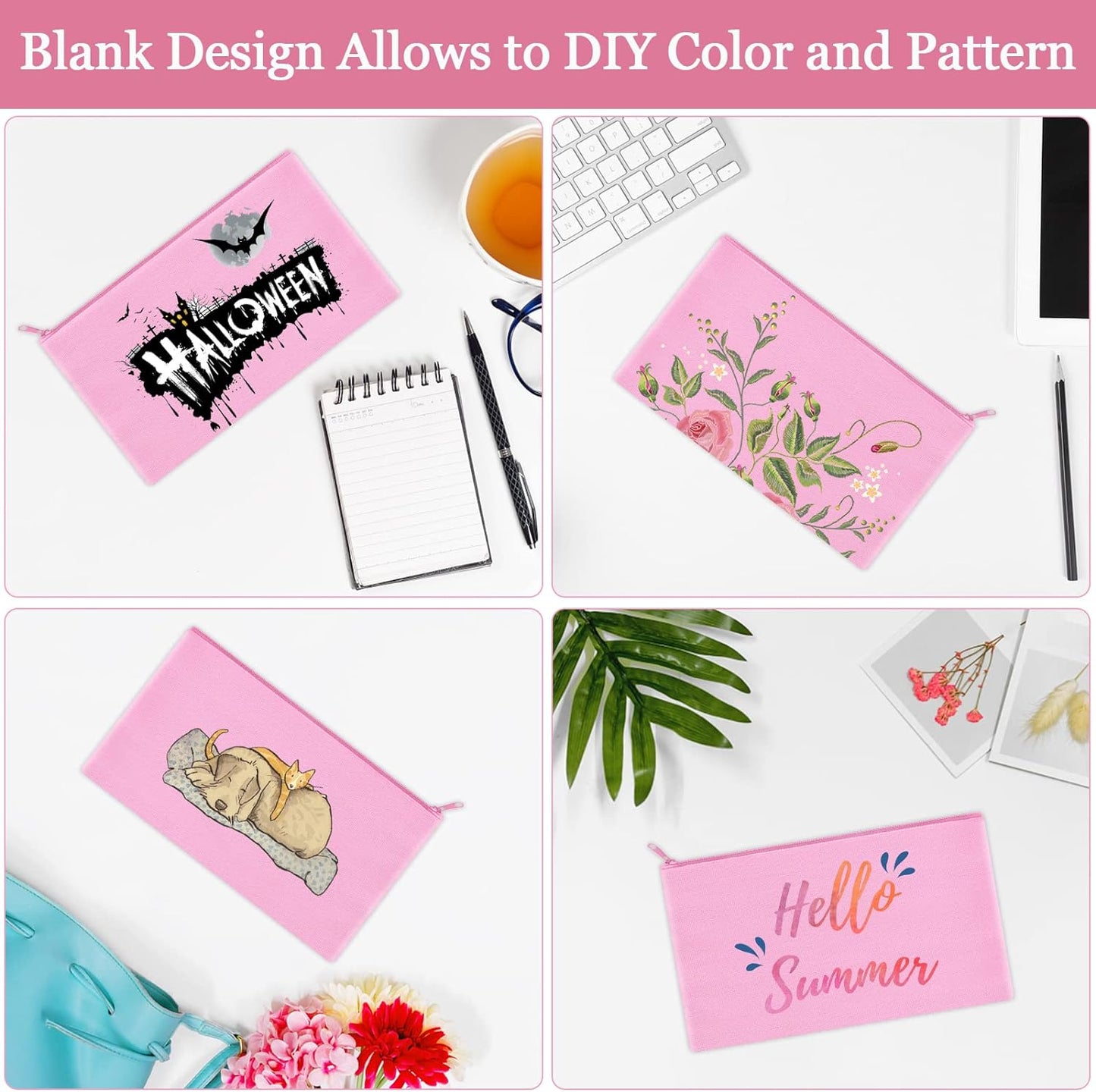 12 Pieces Cotton Canvas Makeup Bag, Multipurpose Cosmetic Bag with Zipper Travel Toiletry Pouch, Blank DIY Craft Bag (Pink, M)