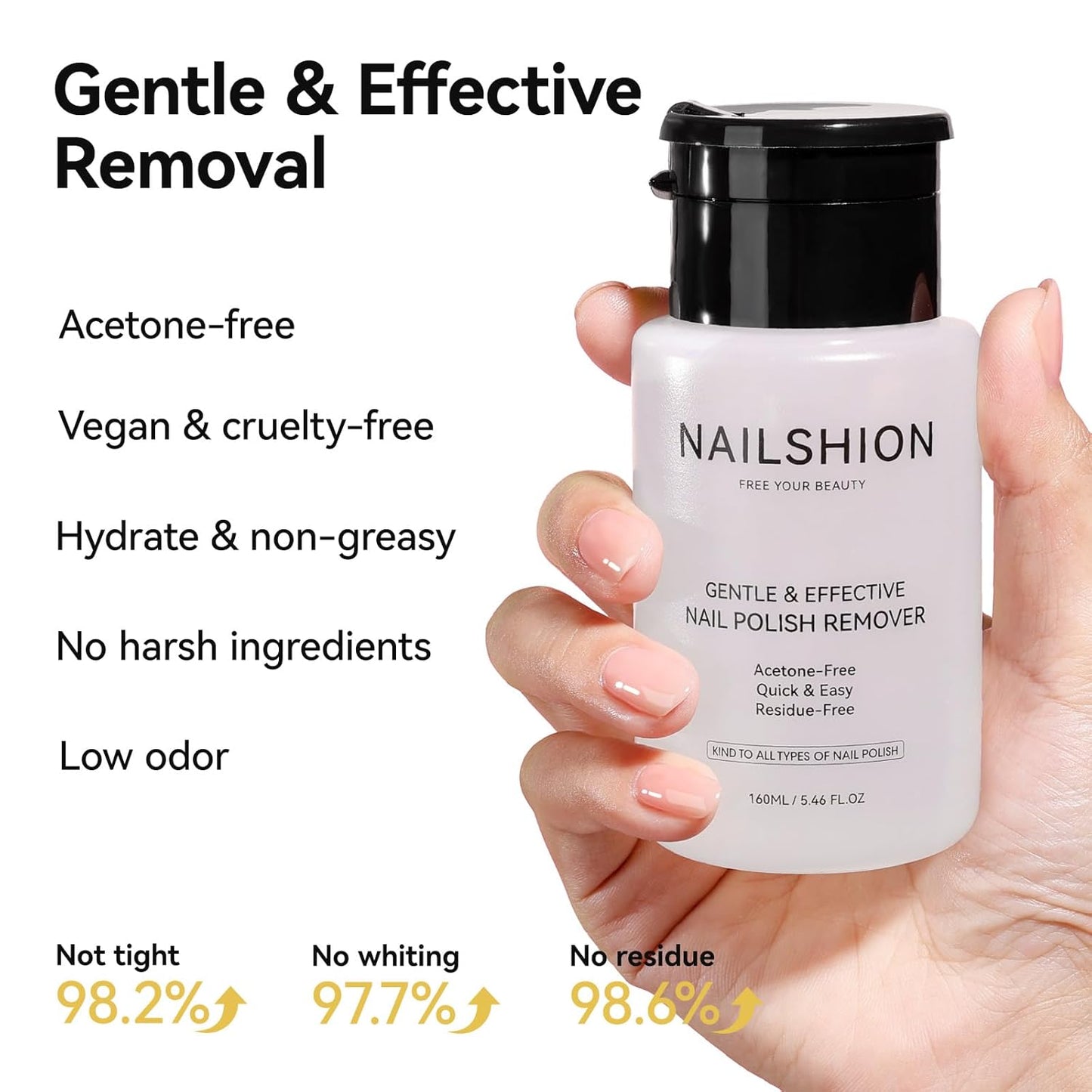 Nail Polish Remover, Non-acetone Fingernail Polish Remover Built-in Push-Down Pump, No Toxic, Rich in VE Non-Drying, 5-10s Fast Gentle Removal for Regular Nail Polishes, 5.46 fl. oz