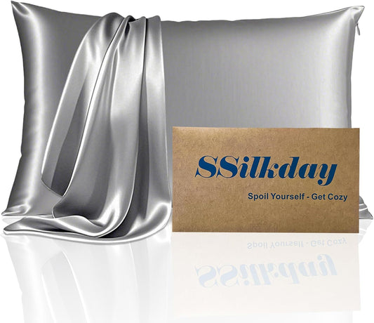 Mulberry Silk Pillow Cases with Zipper, Ultra Smooth Breathable Cooling Pillow Cases for Hot Sleepers, Silk Satin Pillowcase for Hair and Skin, Gifts for Women (Silver Grey, Standard Size, 1 Pack)