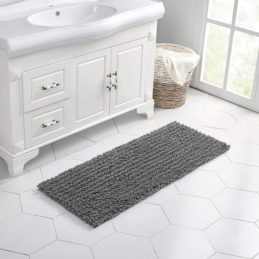 Walensee Bathroom Rug Non Slip Bath Mat (44x24 Inch Grey) Water Absorbent Super Soft Shaggy Chenille Machine Washable Dry Extra Thick Perfect Absorbant Best Large Plush Carpet for Shower Floor