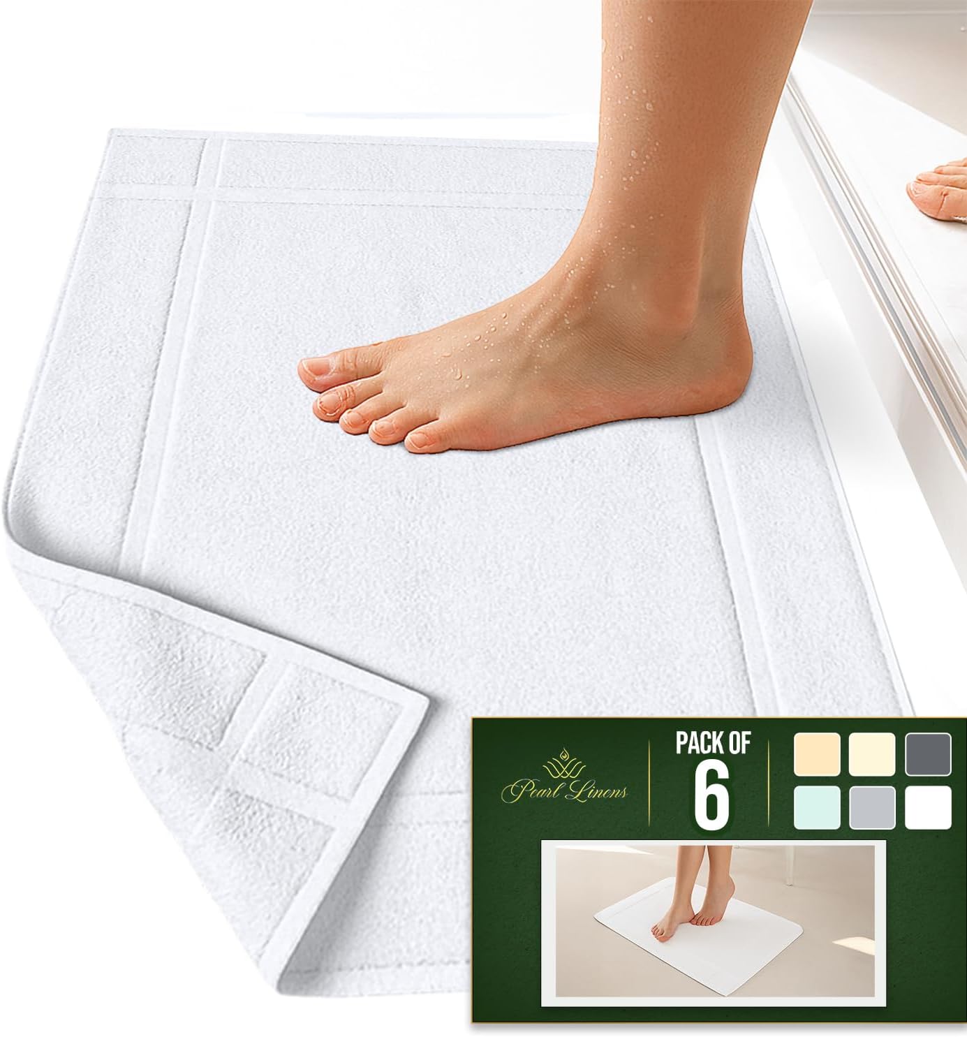 Pearl Linens Pack of 6 100% Cotton Bath Mat 20X30 inches, Soft & Absorbent Quick Dry Bathroom Mat Set, Not Bathroom Rugs, After Shower Mat, Bath Tub Mat, 687 GSM, Machine Washable, White