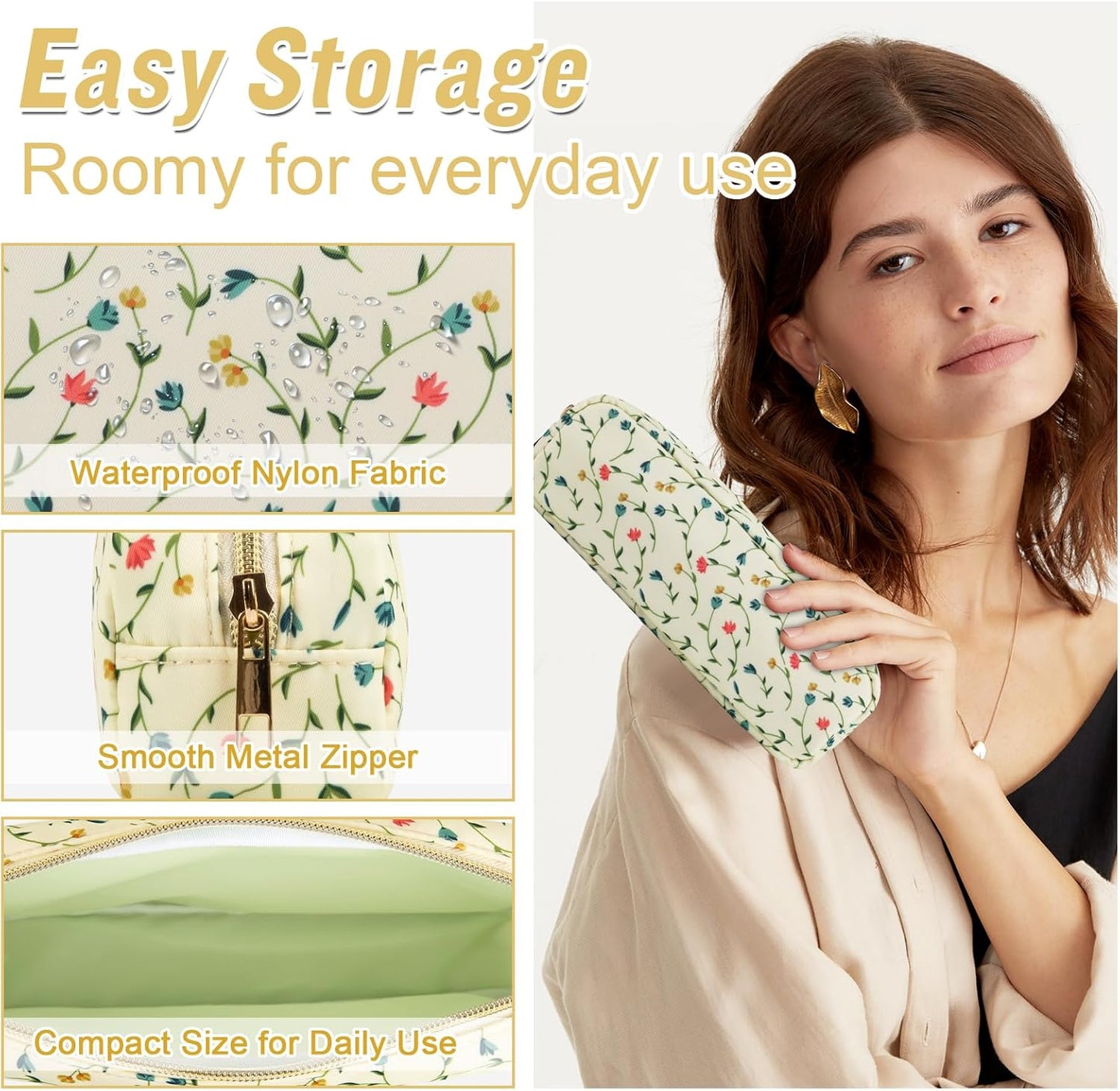 Nylon Small Floral Makeup Bag Slim Pouch, Preppy Cute Makeup Brush Case Bag Flower Cosmetic Zipper Pouch for Purse, Waterproof Travel Toiletry Bag Make Up Organizer for Women Girl(Light Yellow-Flower)