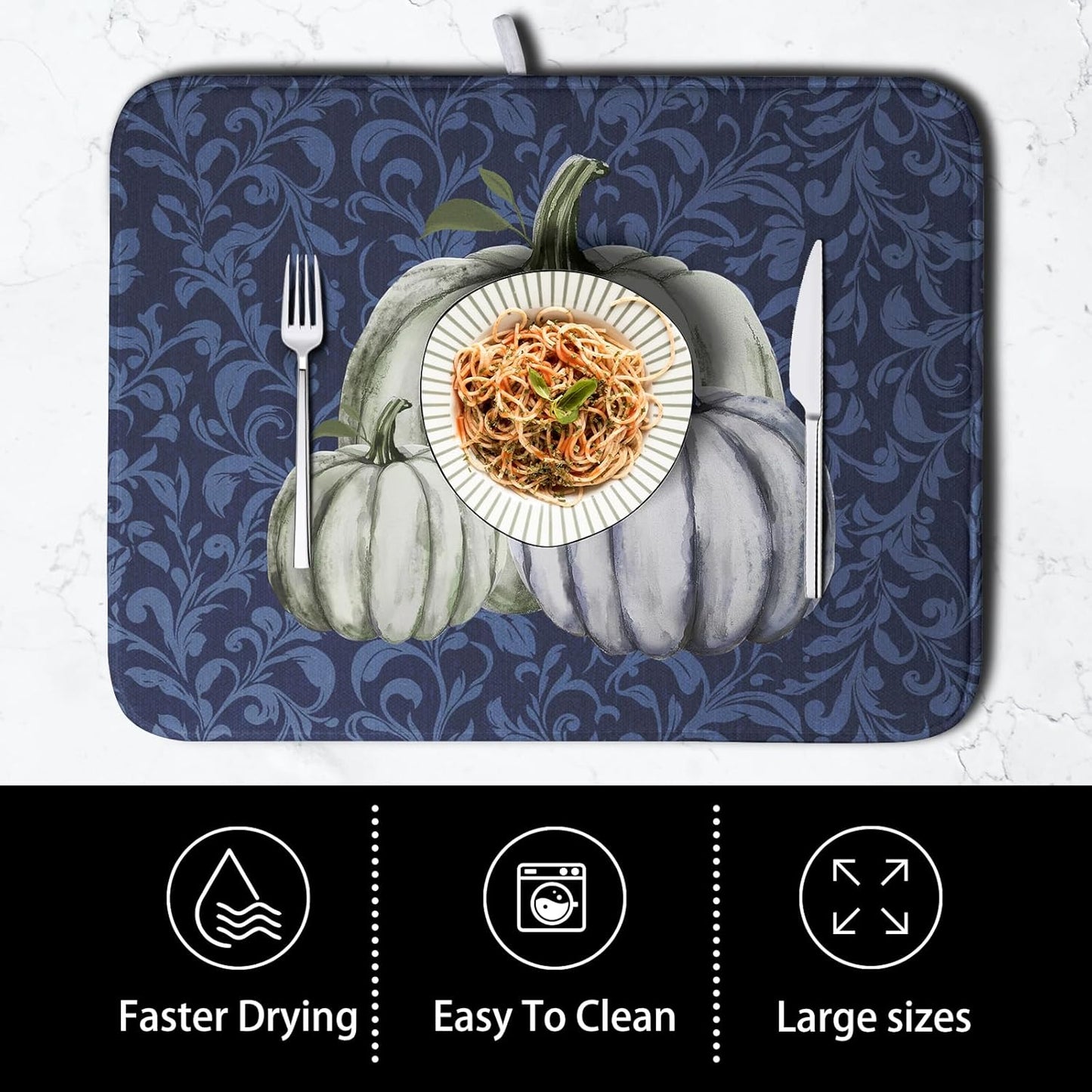 Autumn Dish Drying Mat Fall Navy Blue White Pumpkin Dish Pad for Kitchen Counter 16x18 Microfiber Absorbent Thanksgiving Dish Draining Mat Reusable Washable Dish Drainer Rack Mat