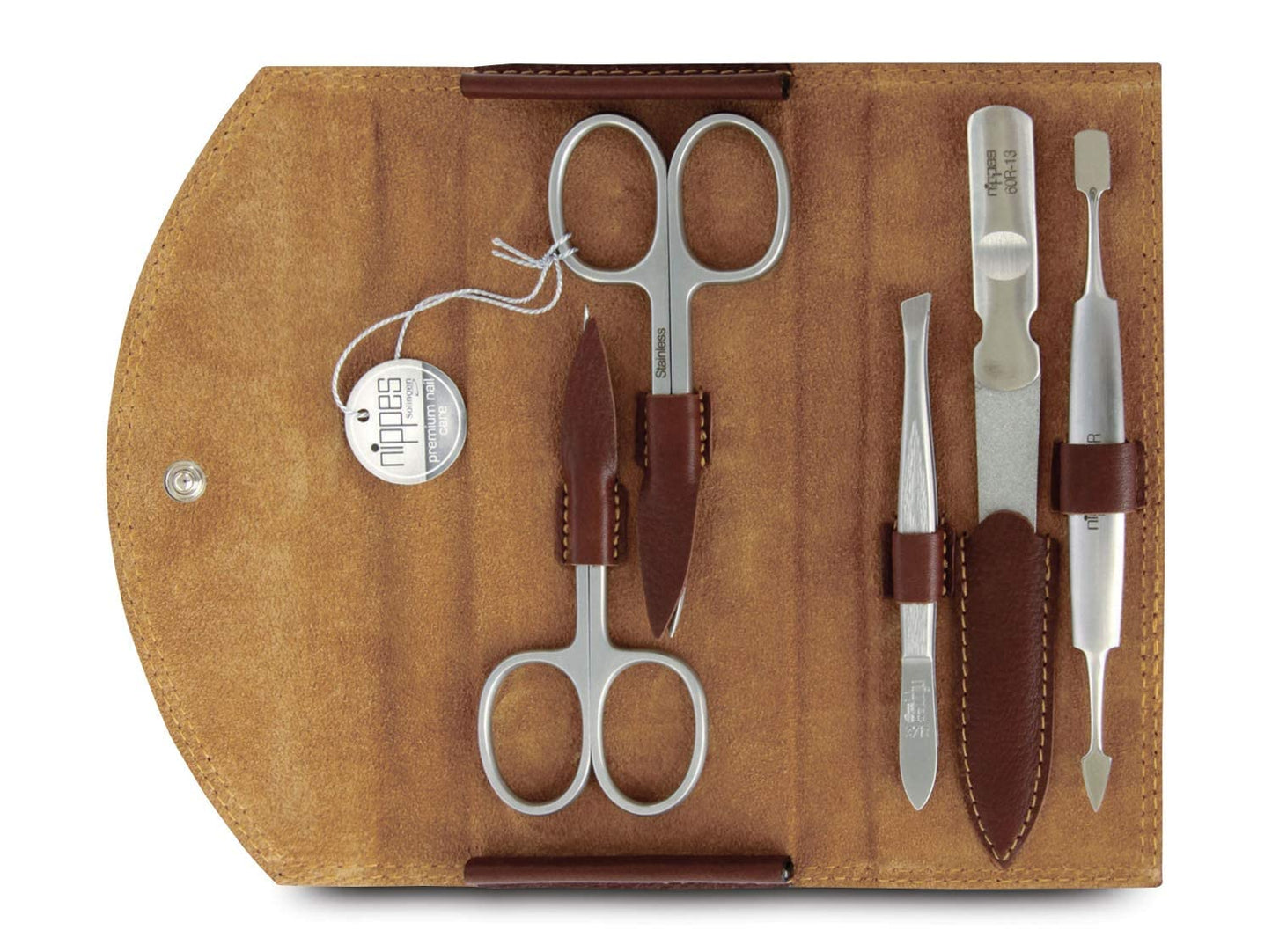 Nippes Solingen Manicure Set, 5-Piece, Stainless Steel and Nickel Free, Genuine Brown Cowhide Leather Case Made In Soligen Germany