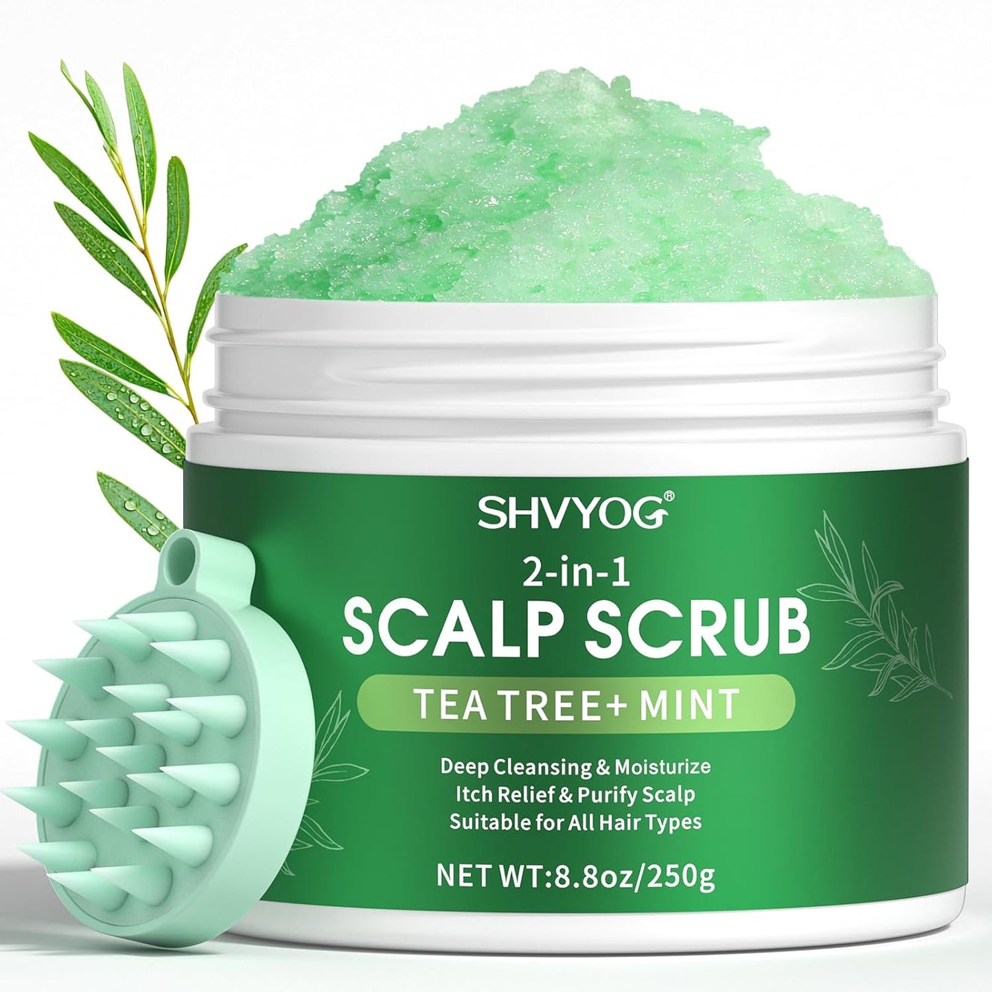 SHVYOG Scalp Scrub, Tea Tree & Coconut Oil Exfoliator Scrub for Itchy Scalp, Anti-Dandruff Detox Clarifying Exfoliator Shampoo with Sea Salt, Scalp Treatment with Scalp Scrubber
