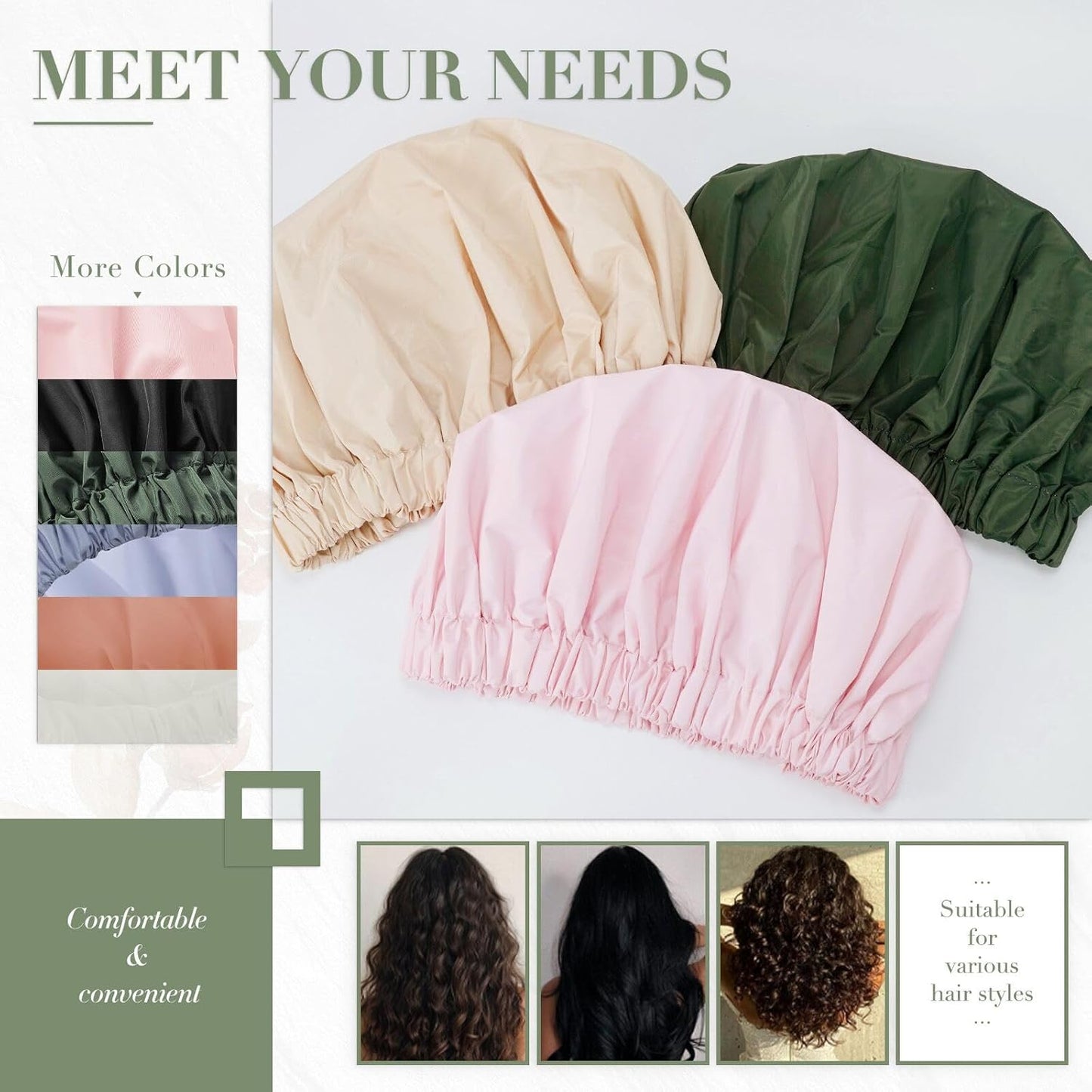 Reusable Shower Cap for Women, Large Waterproof Shower Bonnet Washable Elastic Band Bath Accessories Hair Hat for Long Hair, Braids(Black&Green)