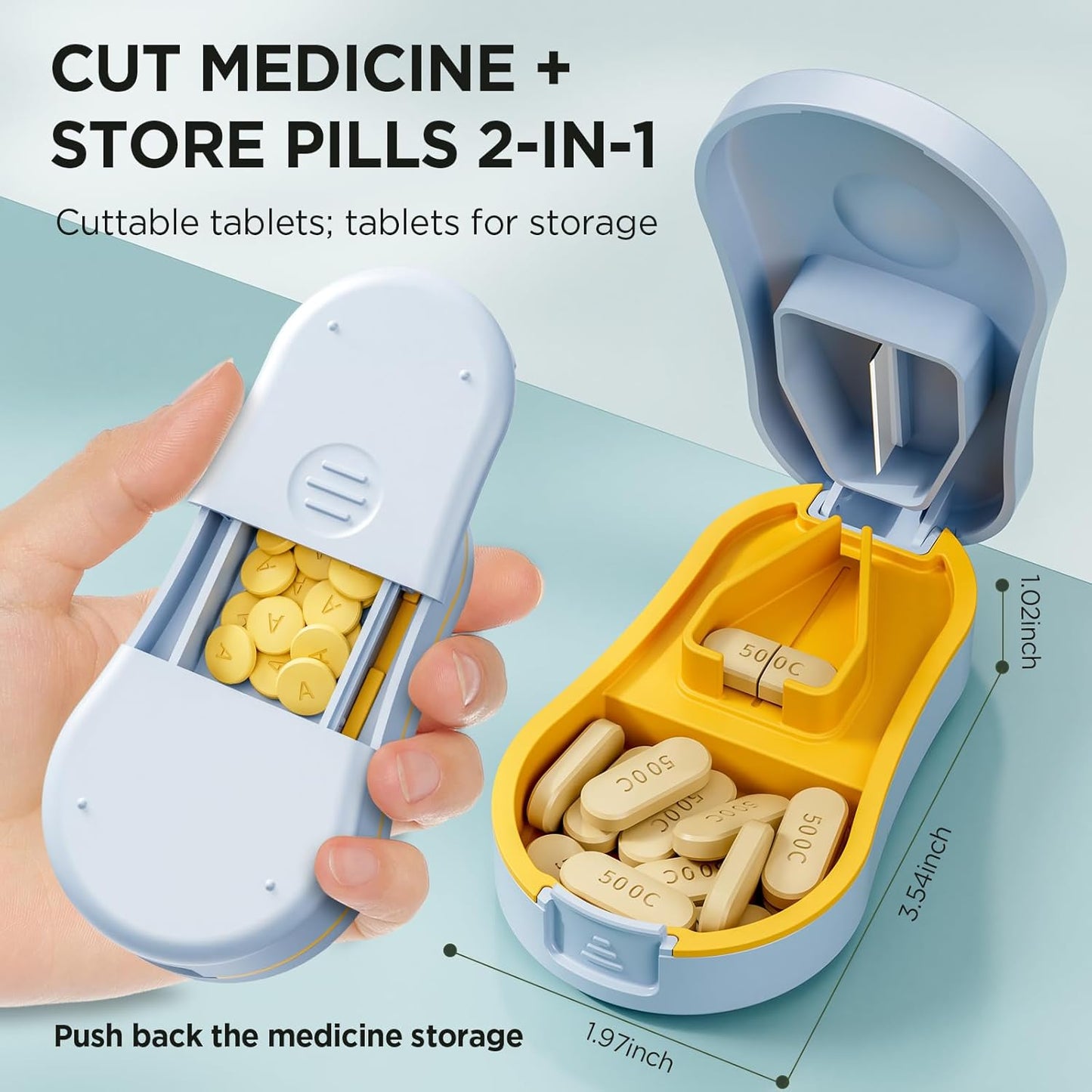 Pill Cutter for Small and Tiny Pills - Pill Splitter with Detachable Silicone Pad - Easy Open Snap Button. Wrap-Around Blade Guard Prevents Cuts. Back Storage (Blue)
