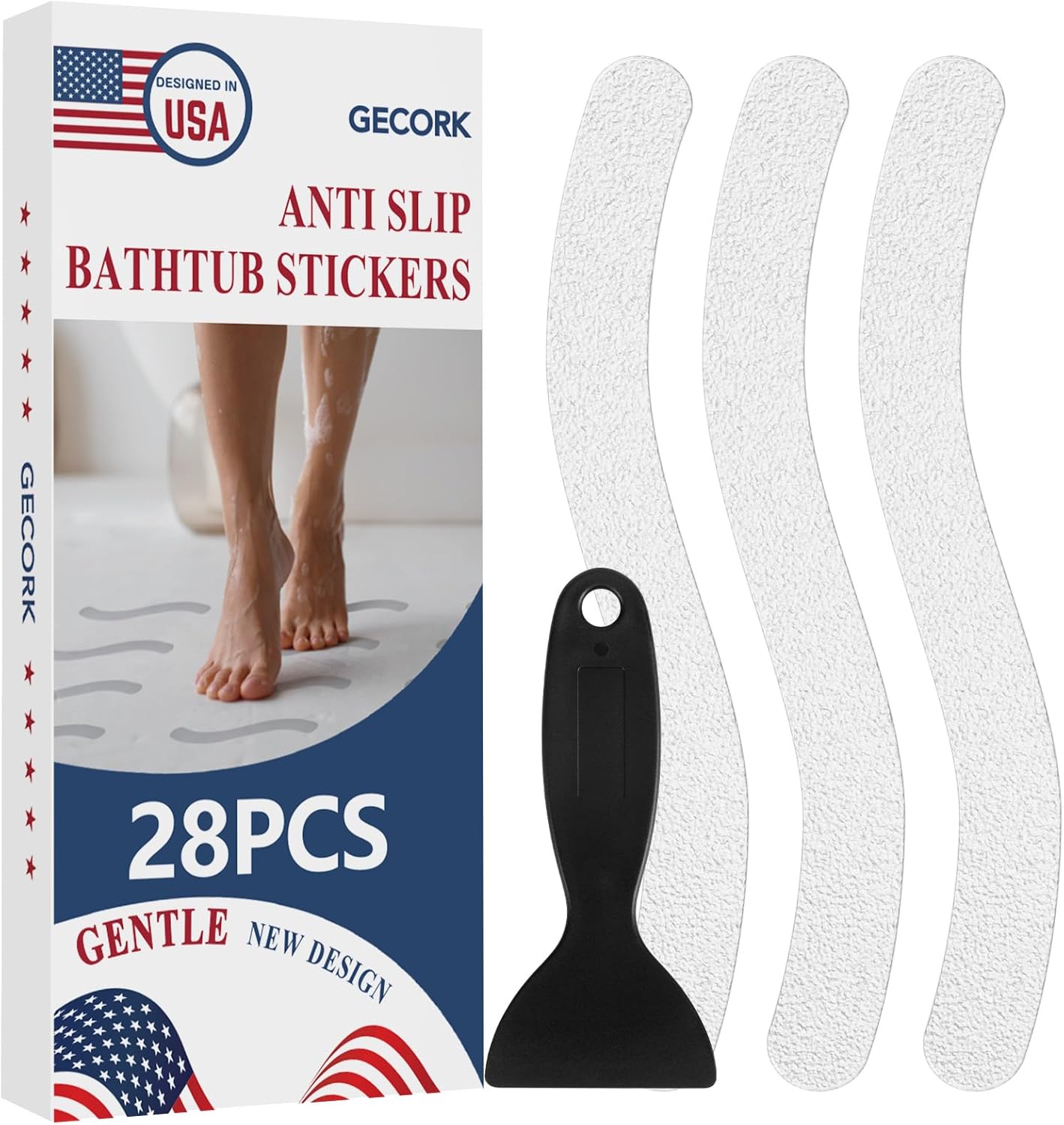 28 PCS Shower Floor Non Slip Stickers with Strong Adhesive, Invisible & Durable Anti Slip Shower Stickers with Scraper for Bath Tub, Pools and Stairs(Clear,Wavy)