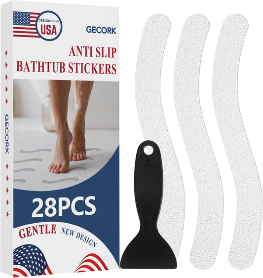 28 PCS Shower Floor Non Slip Stickers with Strong Adhesive, Invisible & Durable Anti Slip Shower Stickers with Scraper for Bath Tub, Pools and Stairs(Clear,Wavy)