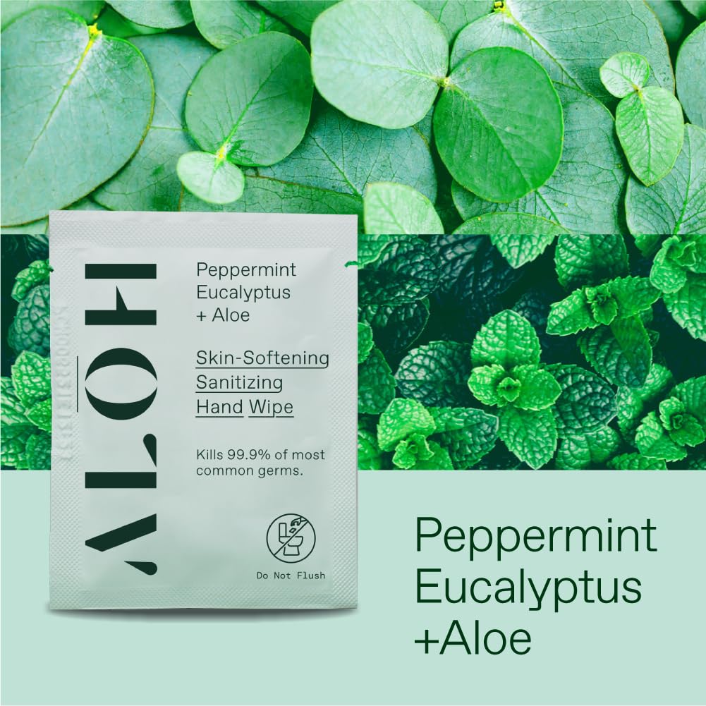 ALŌH Skin - Softening Sanitizing Hand Wipes - Peppermint Eucalyptus + Aloe (4 Boxes of 20 Individually Wrapped Wipes (80 wipes))