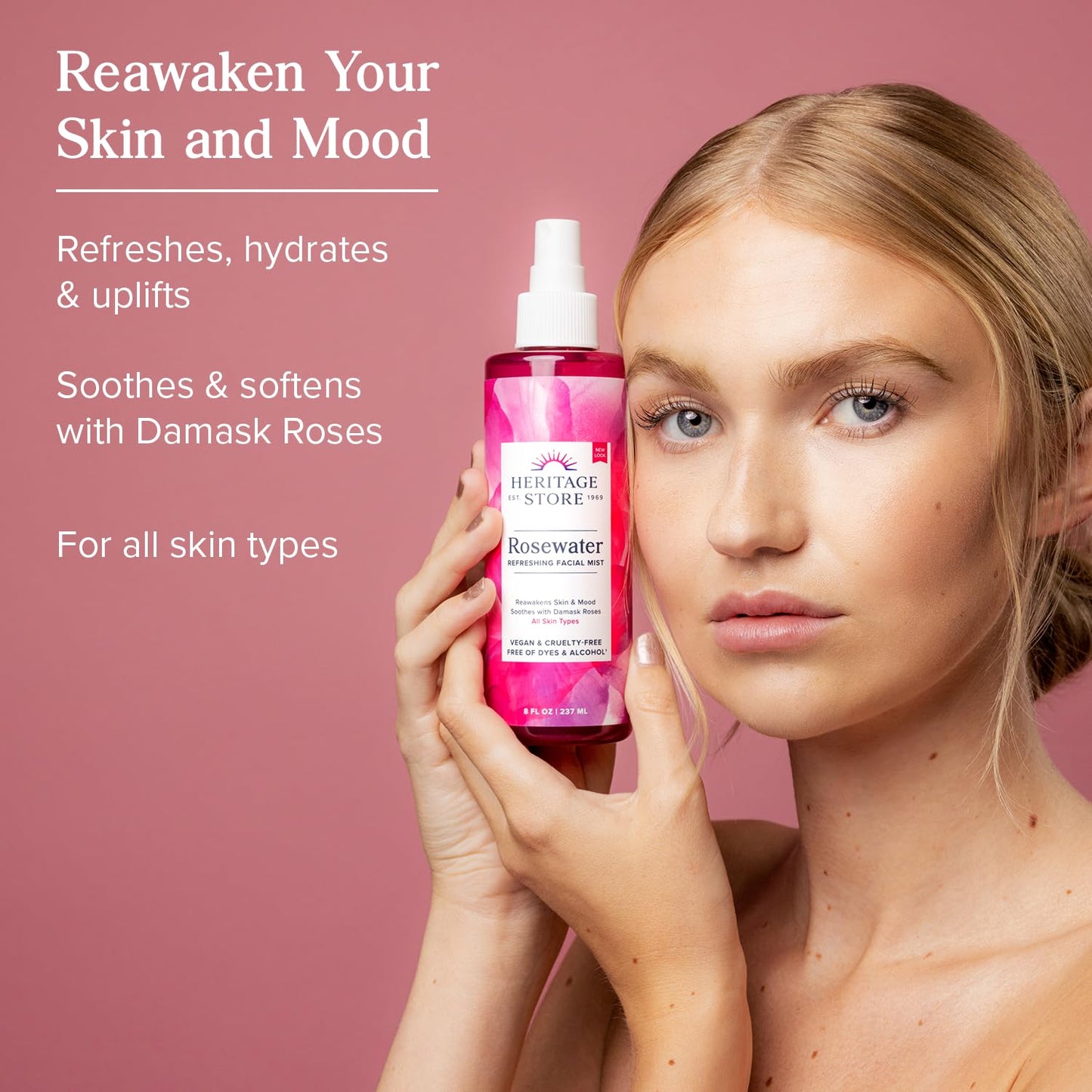 HERITAGE STORE Rosewater - Refreshing Facial Mist for Glowing Skin with Damask Rose, All Skin Types - Rose Water Spray for Face, Made Without Dyes or Alcohol, Hypoallergenic, Vegan, Cruelty Free, 12oz